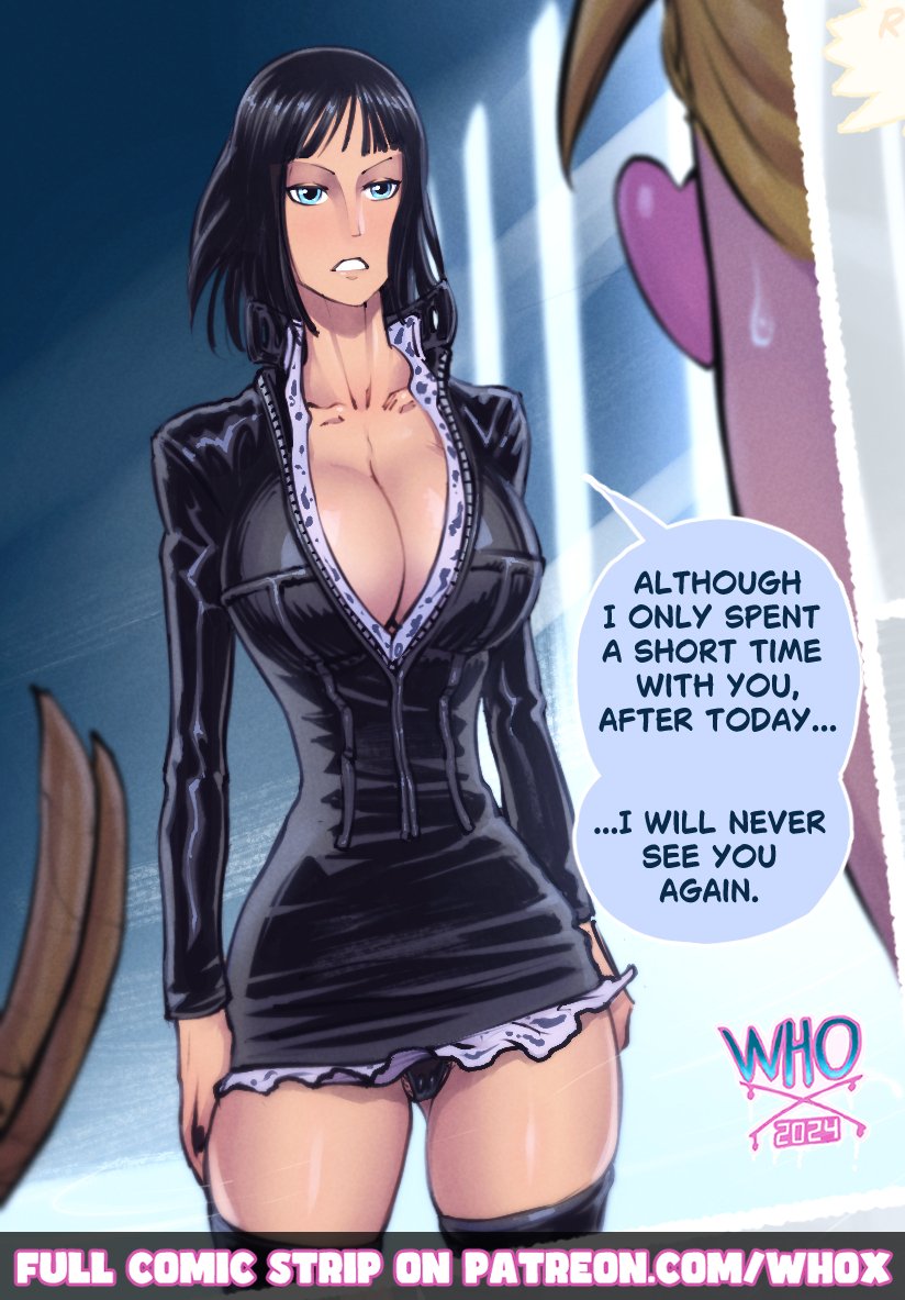 1girls, about to burst, barely contained, barely contained breasts, barely fits, black hair, black panties, black-haired female, breasts, breasts too big, bursting breasts, cropped, curvy, curvy figure, dark-skinned female, female, imminent wardrobe malfunction, impossible clothes, large breasts, leather minidress, male, nico robin, one piece, panties, pre-timeskip, preview, strained zipper, straining clothing, thick thighs, tight fit, too tight, undersized clothes, undersized clothing, water 7, whox