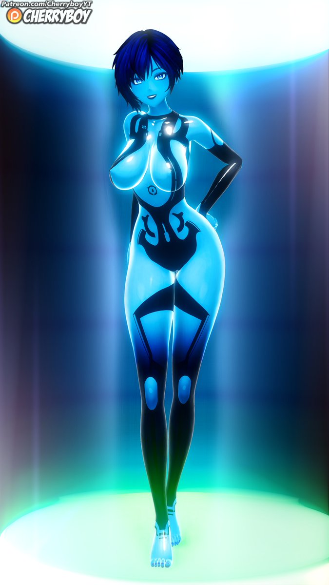 1girls, 3d, 3d (artwork), big breasts, big hips, blender, blender (software), blue body, blue skin, bob cut, breasts, cherryboy, cortana, eye contact, female, halo (game), halo (series), hand on hip, pose, posing, posing for the viewer, sci-fi, science fiction, smile, solo, solo female, video game character, video games