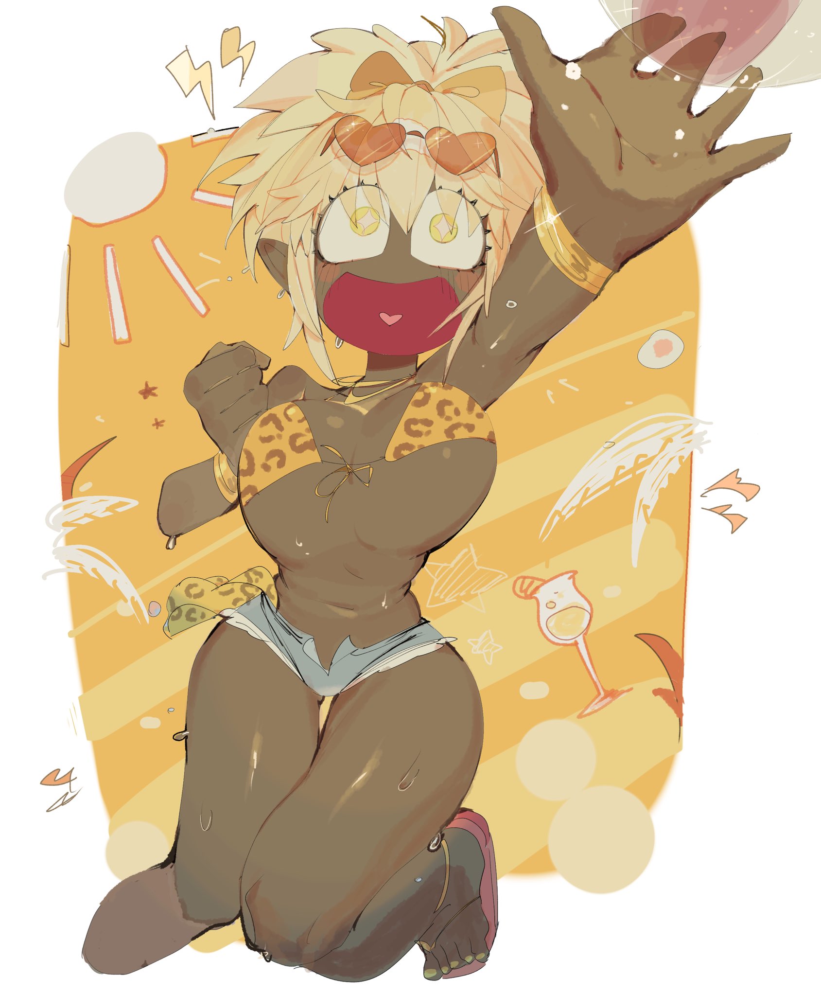 1girls, barefoot, bikini, bikini top, blonde hair, blush, booty shorts, bouncing breasts, breasts, dark-skinned female, denim, denim shorts, excited, female, female only, gyaru, heart sunglasses, heart-shaped eyewear, heart-shaped sunglasses, huge breasts, jean shorts, jumping, juushiko (osomatsu-san), leopard print, leopard print bikini, nail polish, open mouth, osomatsu-san, painted nails, pointy ears, reaching out, sandals, short shorts, shorts, solo, star-shaped pupils, sun, sunglasses, symbol-shaped pupils, thick thighs, toenail polish, toes, usa37107692, wide hips, wide mouth, yellow eyes, yellow nails