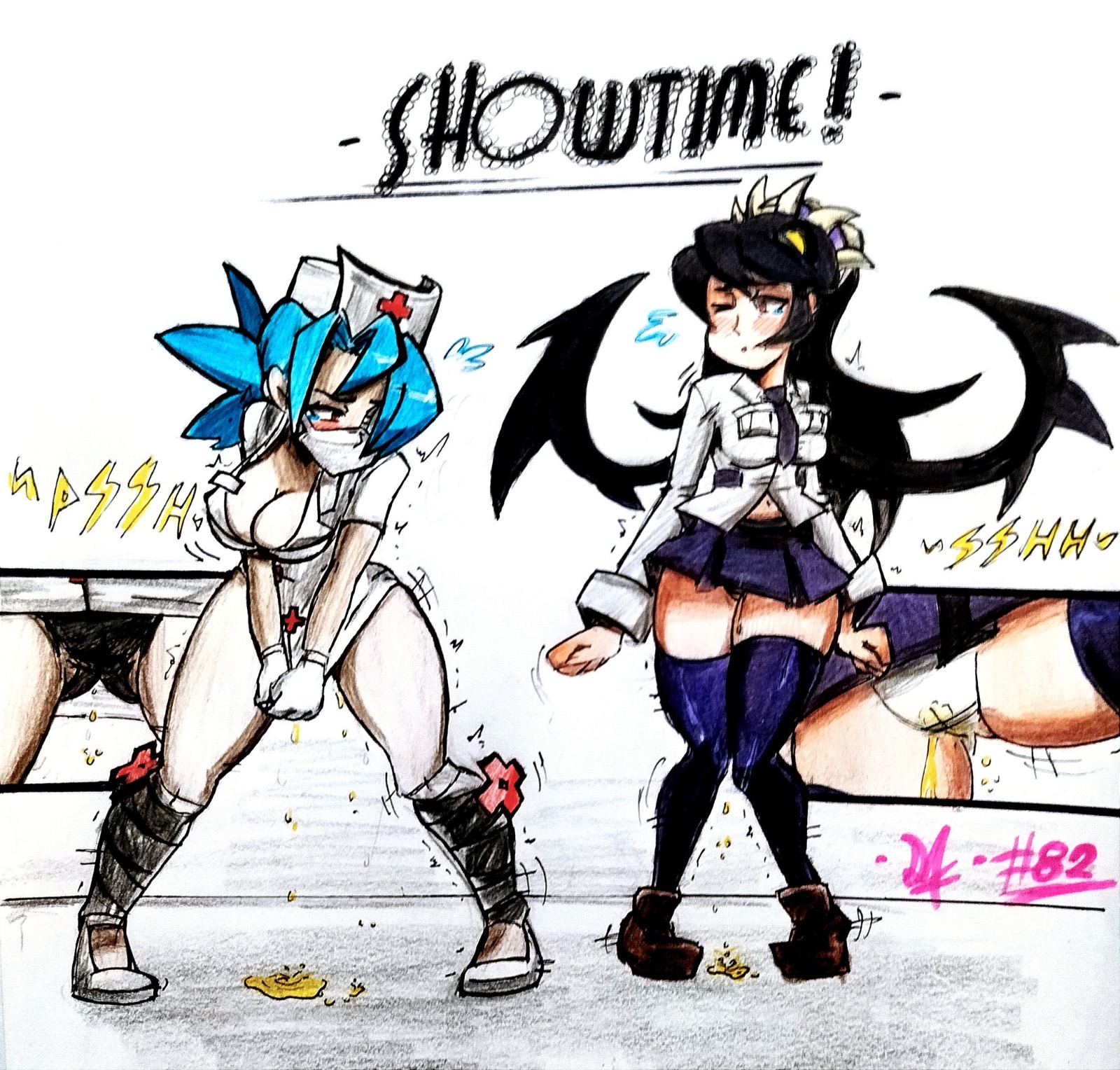 2girls, alphahyoudou, breasts, cleavage, female, filia (skullgirls), have to pee, large breasts, leaking, leaking urine, legs together, omorashi, panties, skirt, skullgirls, stained panties, thighhighs, underwear, valentine (skullgirls), wet, wet panties, white panties