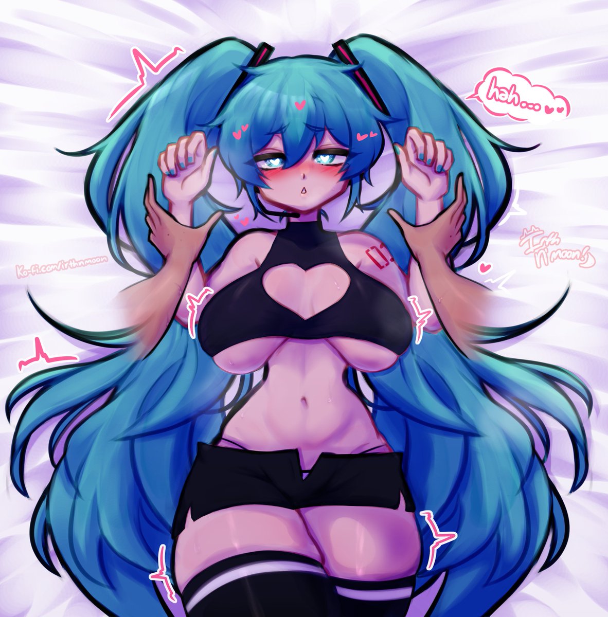 1boy, 1girl, 1girls, aqua eyes, aqua hair, aqua nails, aroused, blue eyes, blue hair, blush, breasts, breasts apart, cleavage cutout, clothing cutout, crop top, disembodied limb, english text, female, from above, half-closed eyes, hatsune miku, heart, heart-shaped cutout, heart-shaped pupils, hetero, holding another's wrist, horny, horny female, hourglass figure, huge breasts, in heat, irthnmoon, large breasts, long hair, looking at viewer, lying, male, mating press, naughty face, navel, on back, on bed, panties, pov, short shorts, shorts, signature, slender waist, small waist, solo focus, symbol-shaped pupils, tattoo, text, thick thighs, thighhighs, thighs, tremble spikes, triangle mouth, twintails, underboob, underwear, very long hair, vocaloid, wide hips