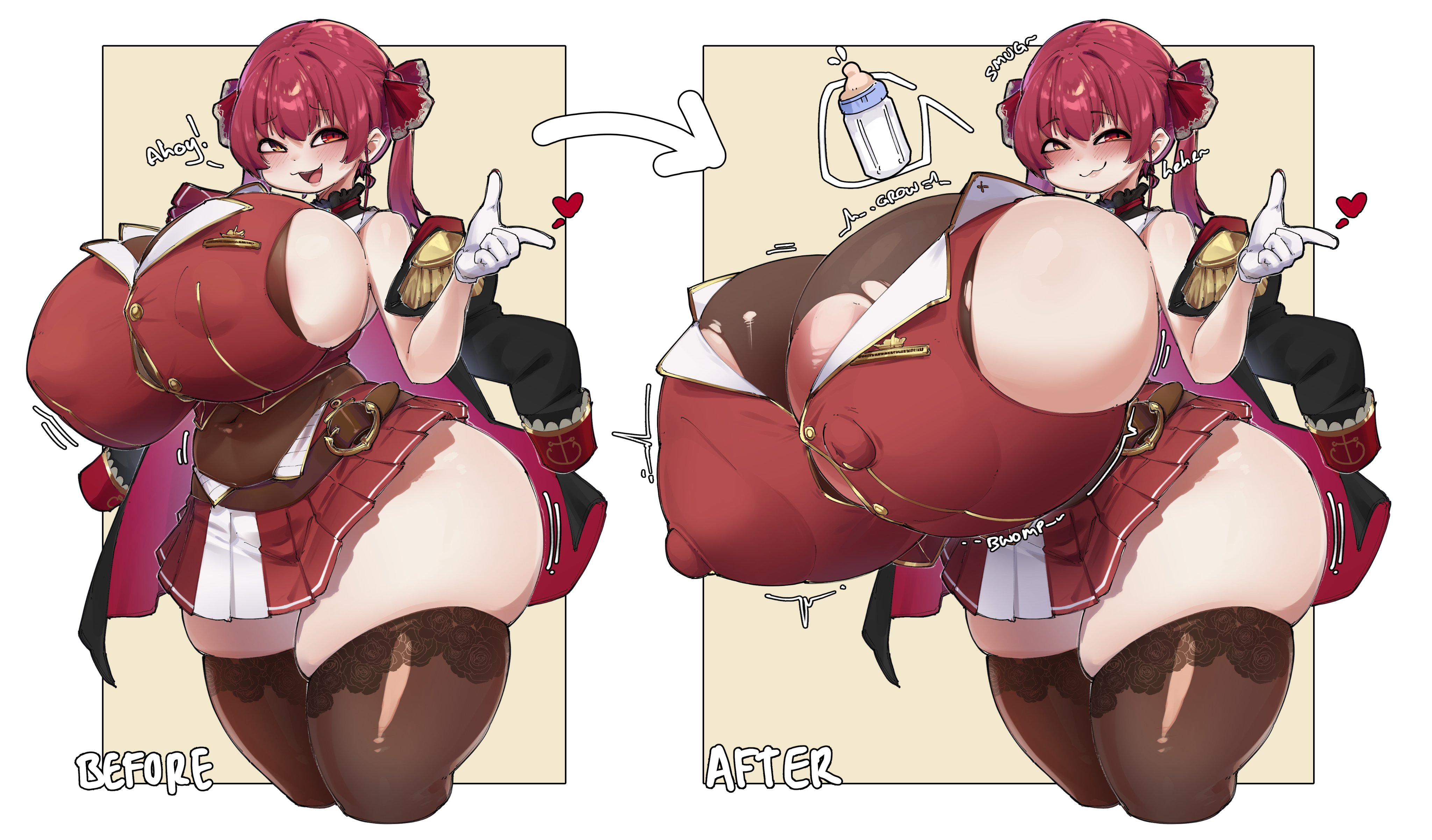 alternate breast size, before and after, blush, breast expansion, breast growth, breast growth (enlargement), breasts, breasts bigger than head, breasts bigger than torso, bursting breasts, bwomp, crr001, erect nipples under clothes, excessive breast, expansion, female, gigantic ass, gigantic breasts, gigantic butt, gigantic nipples, gigantic thighs, growth, growth sequence, heterochromia, hololive, hololive japan, houshou marine, huge ass, huge breasts, hyper, hyper breasts, implied lactation, massive breasts, nipple bulge, nipple outline, red hair, rr001c, size difference, smug, smug face, straining clothing, thick ass, thick thighs, thighs, thighs bigger than head, thighs thicker than head, tight clothing, torn clothes, virtual youtuber, vtuber, wardrobe malfunction, wide hips