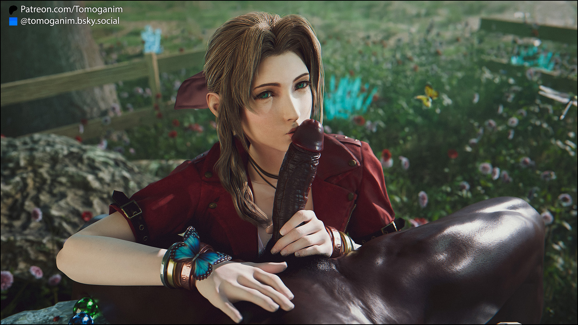 3d, aerith gainsborough, before oral, brown hair, dark-skinned male, female, final fantasy, final fantasy vii, green eyes, inminent blowjob, interracial, kissing penis, male, pale-skinned female, penis, pubic hair, tagme, tomoganim