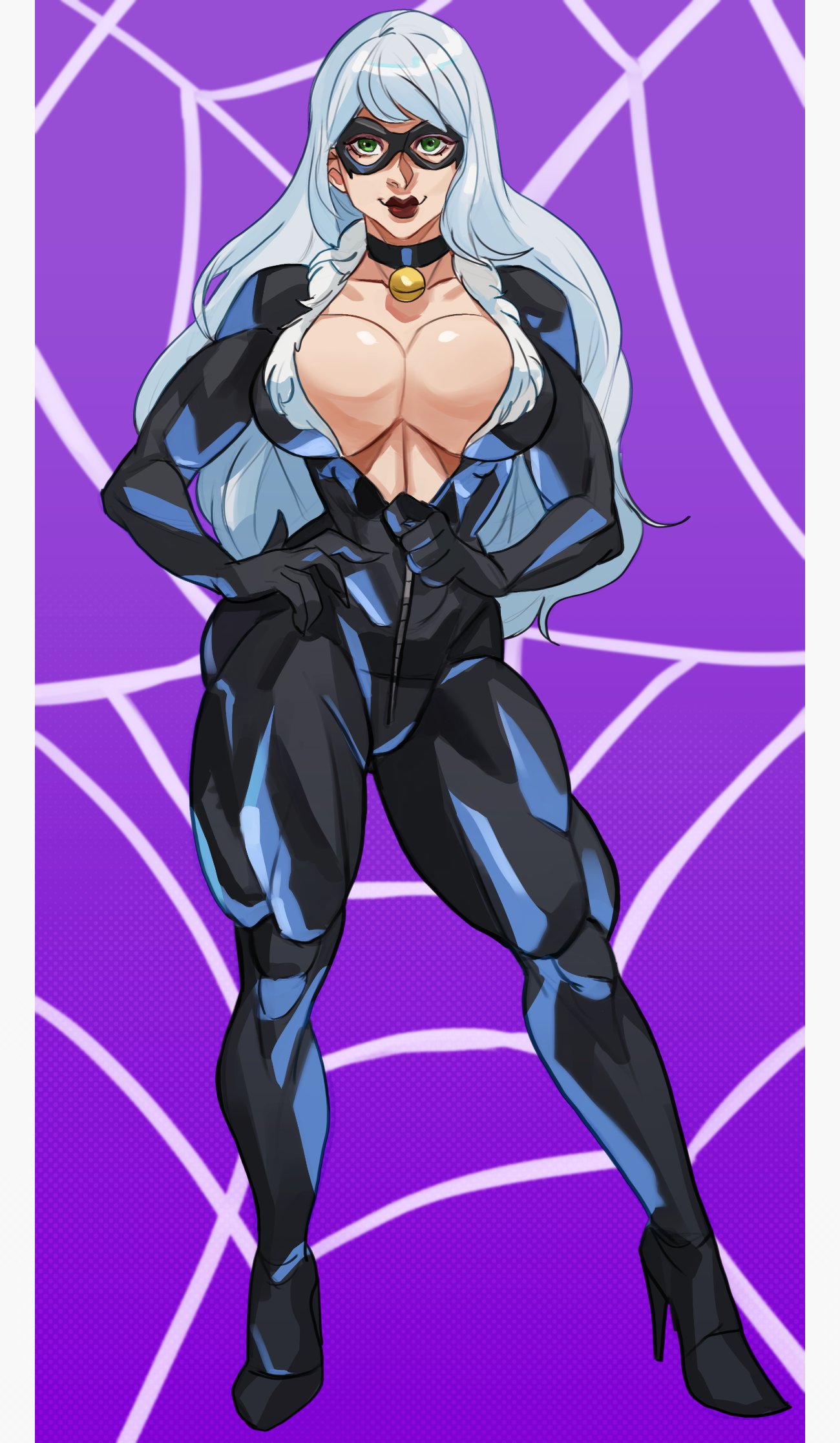 1girls, 2024, big breasts, black cat (marvel), bodysuit, breasts, busty, choker, cleavage, collar, commission, commission art, dlusional, felicia hardy, female, green eyes, hand on hip, high heels, huge breasts, large breasts, leather outfit, light skin, light-skinned female, marvel, marvel comics, mask, masked, masked female, massive breasts, muscular, muscular female, muscular thighs, red lipstick, shiny, shiny breasts, shiny clothes, shiny skin, skin tight, spider-man (series), superheroine, thick, thick breasts, thick legs, thick lips, thick thighs, tight clothes, tight clothing, unzipped, unzipped bodysuit, unzipping, unzipping bodysuit, white hair
