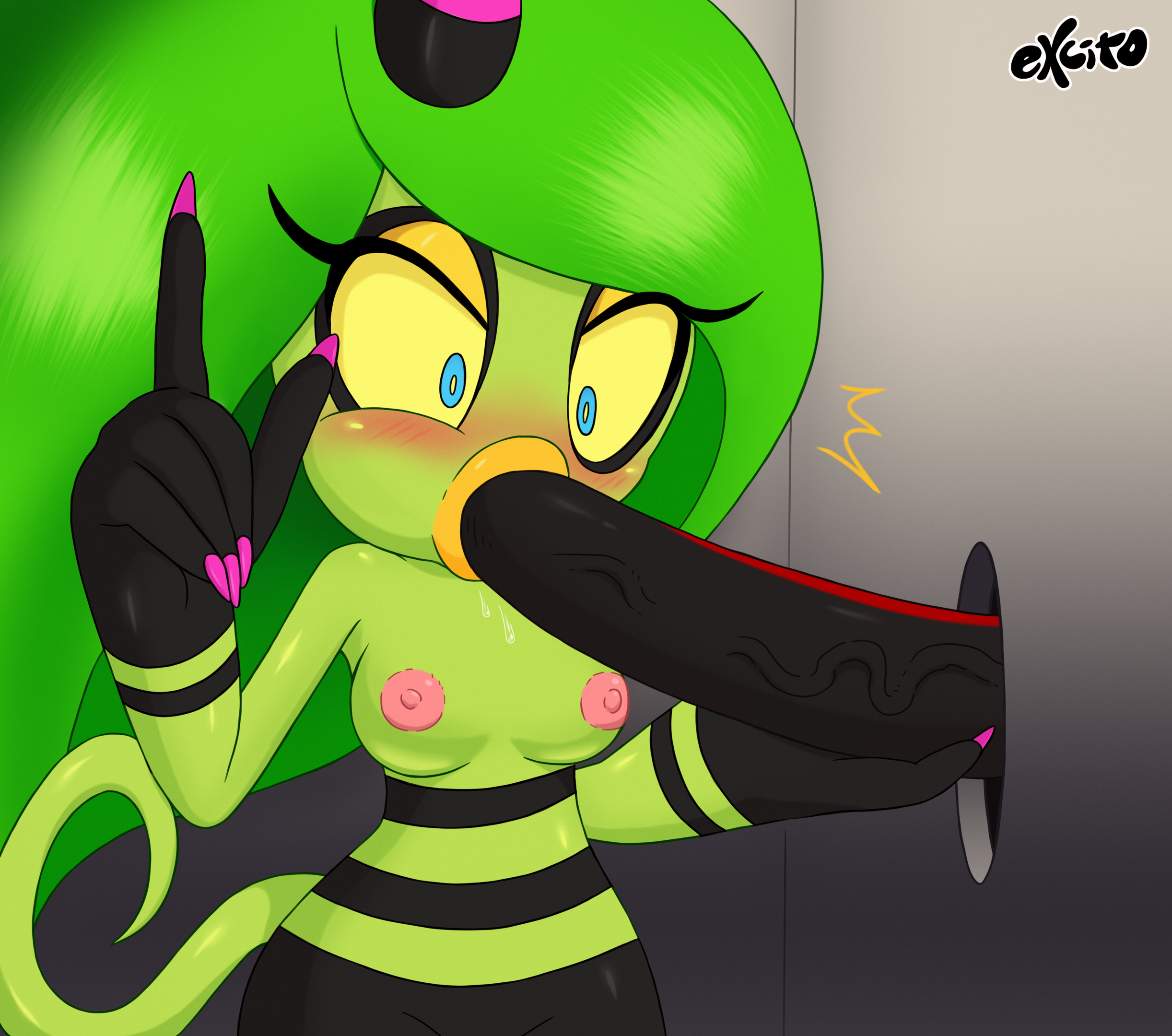 2025, black penis, breasts, excito, fellatio, female, glory hole, green hair, green skin, large penis, male, medium breasts, partial male, penis, penis awe, shadow the hedgehog, sonic (series), sonic lost world, sonic the hedgehog (series), surprised, surprised expression, tail, yellow lipstick, yellow sclera, zeena, zeti (species)