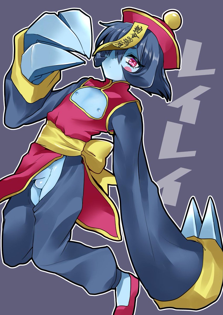 1boy blue_hair blue_skin blush_stickers chinese_clothes claws cleavage_cutout clothing darkstalkers femboy genderswap genderswap_(ftm) hair_over_one_eye hat highres hsien_ko jiangshi lei-lei lei_lei looking_at_viewer male male_focus male_only nipples penis qing_guanmao red_eyes rule_63 slit_pupils solo trap usagigenki