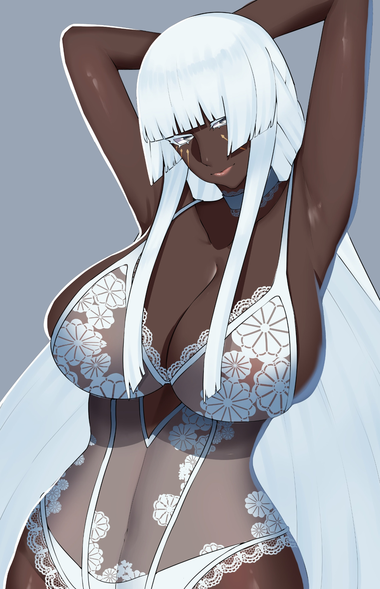 1girls, 2025, arms up, bangs, big breasts, breasts, brigitta lycaon, brown body, brown skin, cleavage, dark skin, dark-skinned female, digital media (artwork), female, female only, grey background, kirvine, lace, large breasts, lingerie, long hair, makeup, metaphor: refantazio, solo, solo female, white eyelashes, white eyes, white hair, white lingerie, wide hips
