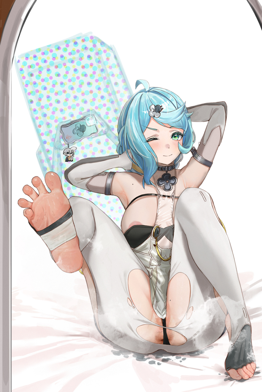 anus, anus peek, areola slip, bao (pixiv 99415611), barefoot, blue hair, blush, feet, female, gloves, green eyes, highres, long hair, looking at viewer, one eye closed, panties, pants, seed (zenless zone zero), smell, soles, solo, steam, stirrup legwear, toeless legwear, toes, torn clothes, torn pants, underwear, zenless zone zero