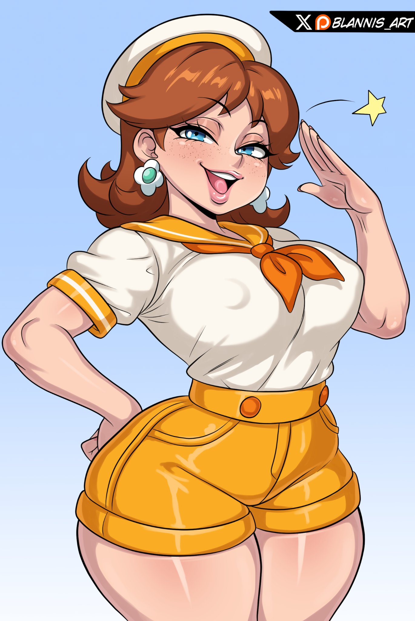 1girls, blannis art, blue eyes, breasts, brunette hair, earrings, female, female only, flower earrings, freckles, freckles on face, hat, large breasts, mario (series), mario kart, mario kart tour, nintendo, nipple bulge, nipples, pale skin, pale-skinned female, plump lips, princess, princess daisy, princess daisy (sailor), royalty, sailor uniform, shorts, shoulder length hair, solo, super mario bros., thick thighs, voluptuous, voluptuous female, wide hips