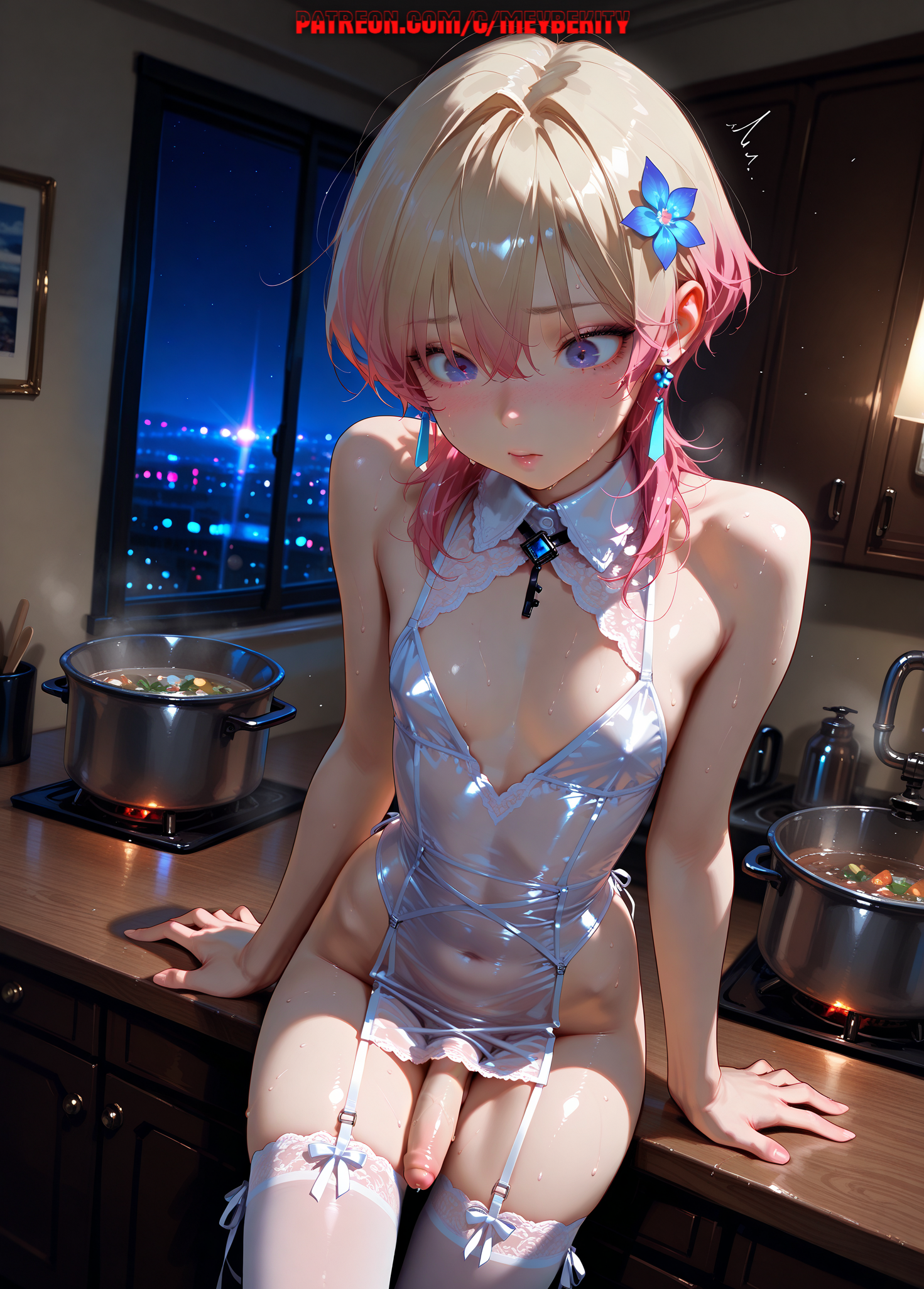 1boy, ai generated, balls, dress, femboy, male, meybekity, otoko no ko, penis, solo, trap, yaoi