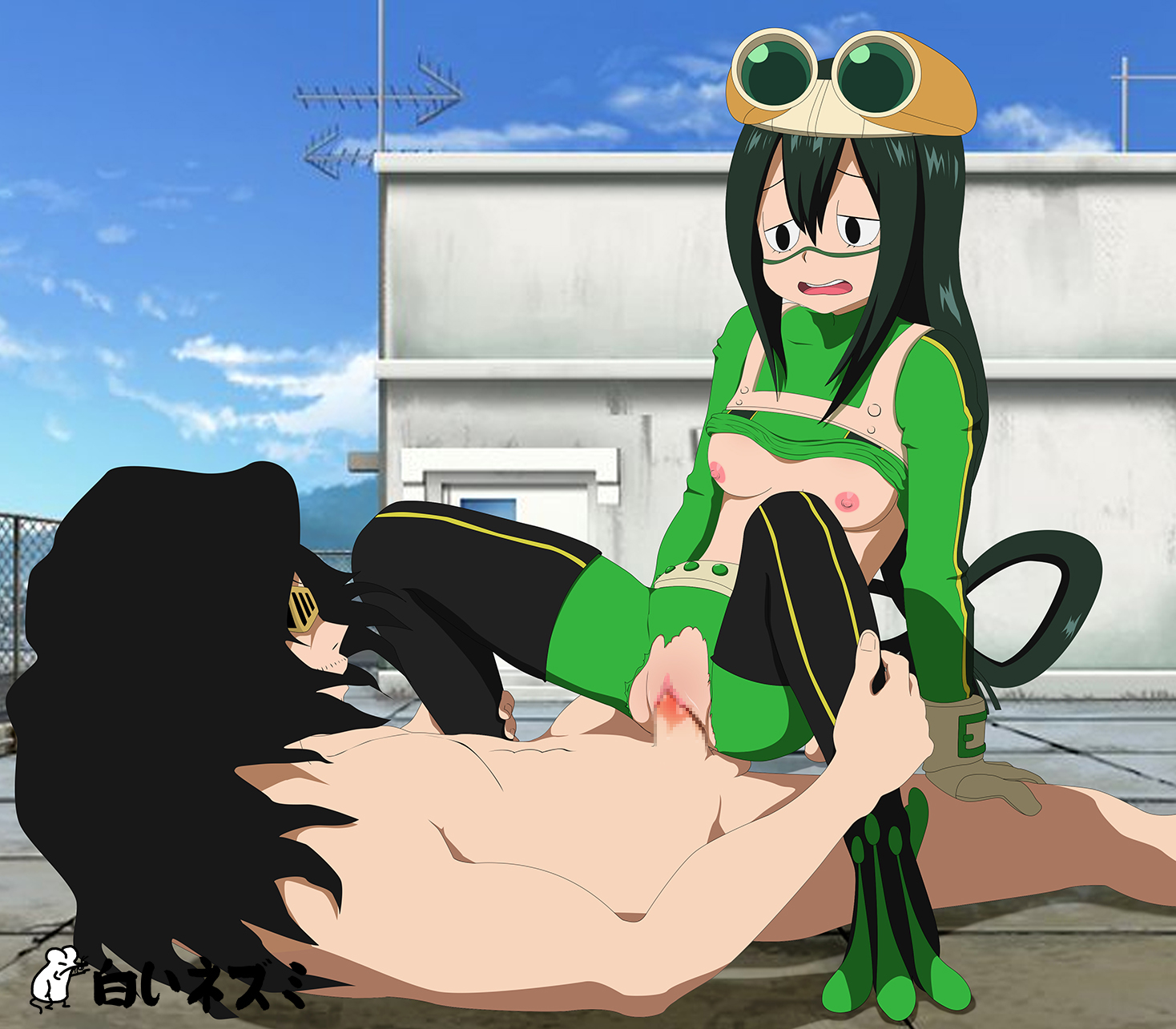 1boy, 1girls, age difference, areolae, arm support, black eyes, black hair, black-haired male, bodysuit, boots, breasts, censored, clothed female nude male, cowgirl position, exposed breasts, exposed pussy, facial hair, female, glasses, gloves, goggles, goggles on head, green hair, green-haired female, hero outfit (mha), long hair, lying on back, male, moaning, mosaic censoring, my hero academia, nipples, no panties, older male, open clothes, pussy, ripped clothing, rooftop, shiroi nezumi, shouta aizawa, sitting, sitting on lap, sitting on person, small breasts, straight, teacher and student, torn clothes, tsuyu asui, vaginal insertion, vaginal penetration, vaginal sex, younger female