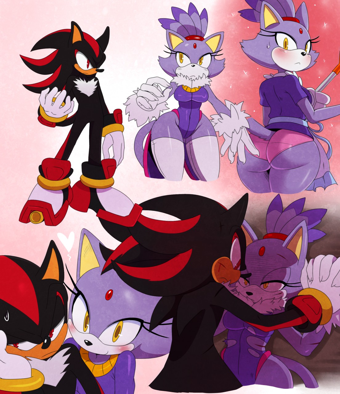 1boy, 1girls, anthro, ass, big ass, black fur, blaze the cat, bottom heavy, breasts, cat girl, catgirl, cute, feline, female, flirting, furry, furry only, hedgehog, large ass, male, purple fur, romantic, sega, shadow the hedgehog, sonic (series), sssonic2, thick thighs, thighs, wide hips, yellow eyes