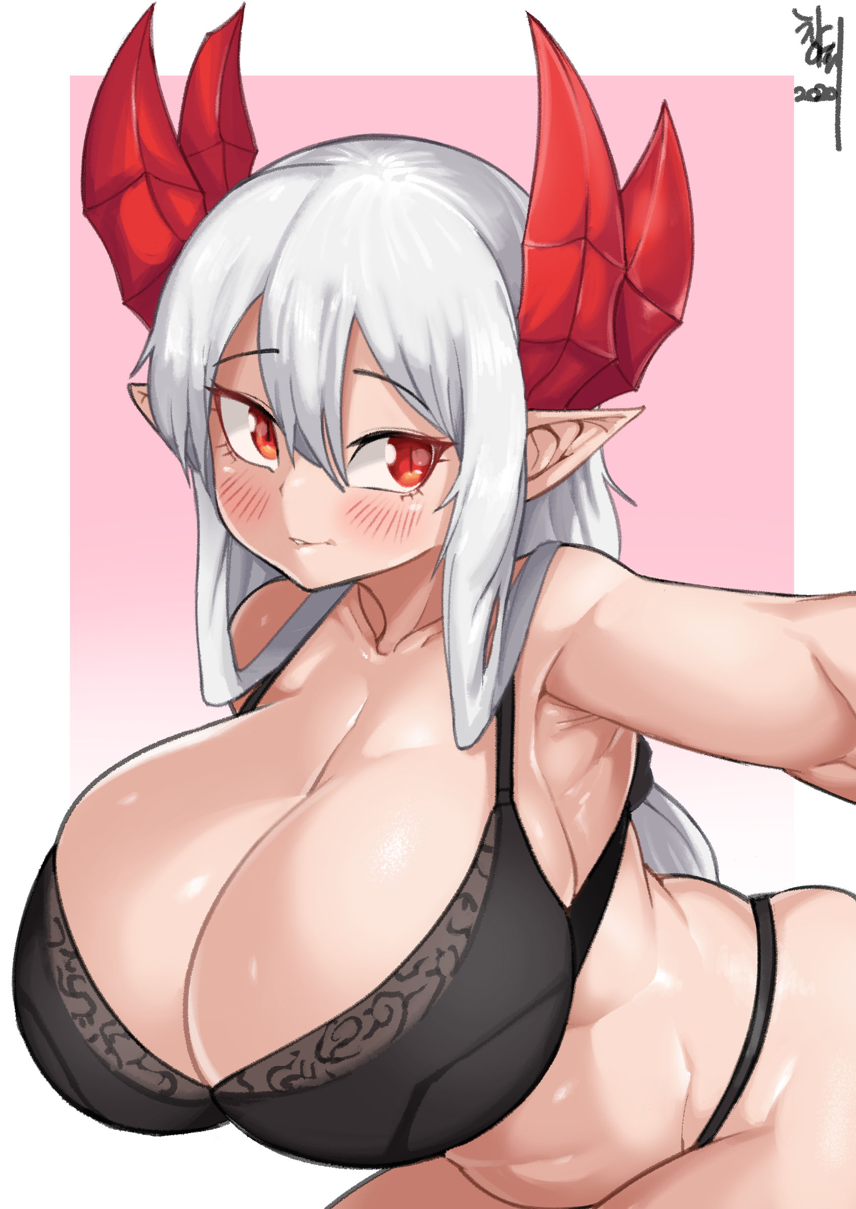 1girls, blush, bra, breasts, changbae, cleavage, female, female only, horns, huge breasts, lorem (mazohaha), lorem (musuko ga kawaikute shikatanai mazoku no hahaoya), milf, musuko ga kawaikute shikatanai mazoku no hahaoya, no, selfie, solo