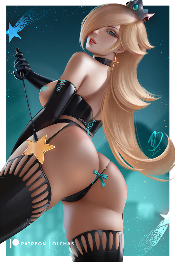 1girls, ass, big ass, big breasts, blonde hair, breasts, cleavage, dominatrix, elbow gloves, female, female focus, female only, gloves, horny, large breasts, latex, latex gloves, looking at viewer, looking back, mario (series), naked, nintendo, nude, nude female, olchas, panties, princess rosalina, solo, solo female, super mario galaxy, thighhighs