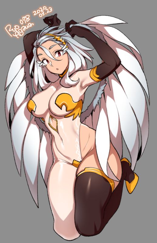 1girls, breasts, cleavage, female, female only, harpy, looking at viewer, monster girl, ryo agawa, solo, thighhighs