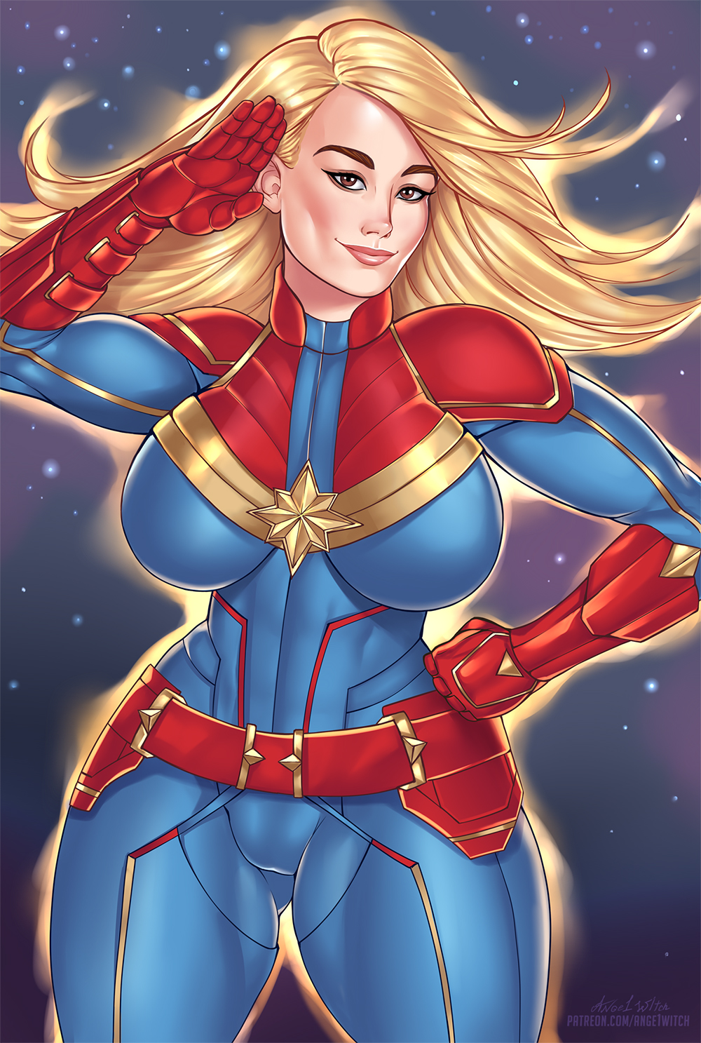 1girls, ange1witch, big breasts, blonde hair, breasts, brie larson, captain marvel, carol danvers, female, female only, floating hair, glowing, large breasts, looking at viewer, marvel, marvel comics, solo, thick thighs, wide hips