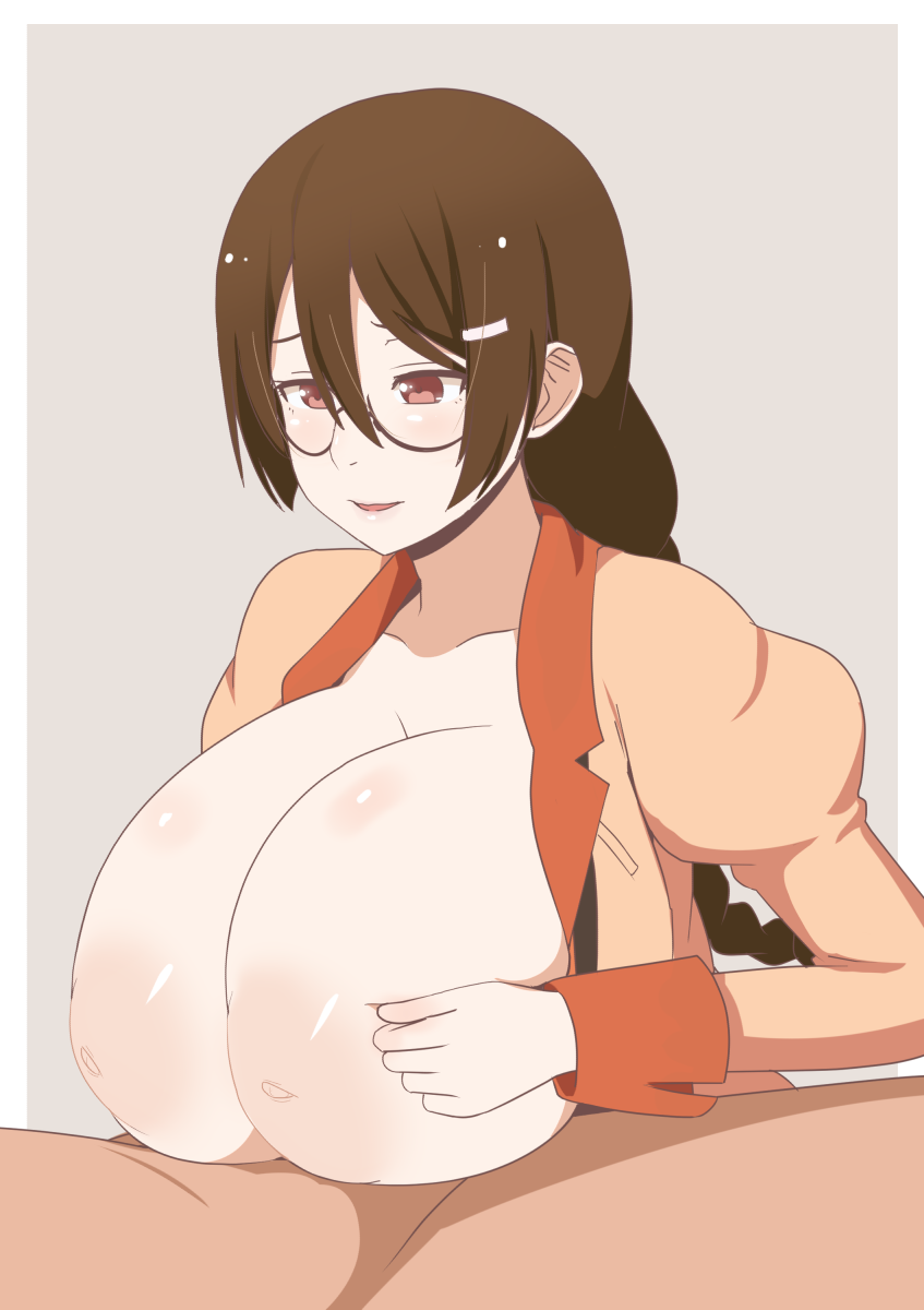 1boy, 1girls, areolae, breasts, female, glasses, hanekawa tsubasa, huge breasts, inverted nipples, male, monogatari (series), nao (ritsancrossover), nipples, paizuri, straight