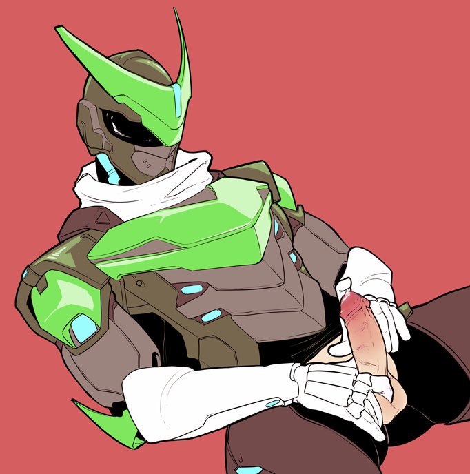 armor, artist request, balls, cyborg, genji, male, male only, mask, masked, masturbation, ninja, overwatch, penis, precum, red background, scarf, sentai genji, solo, solo male