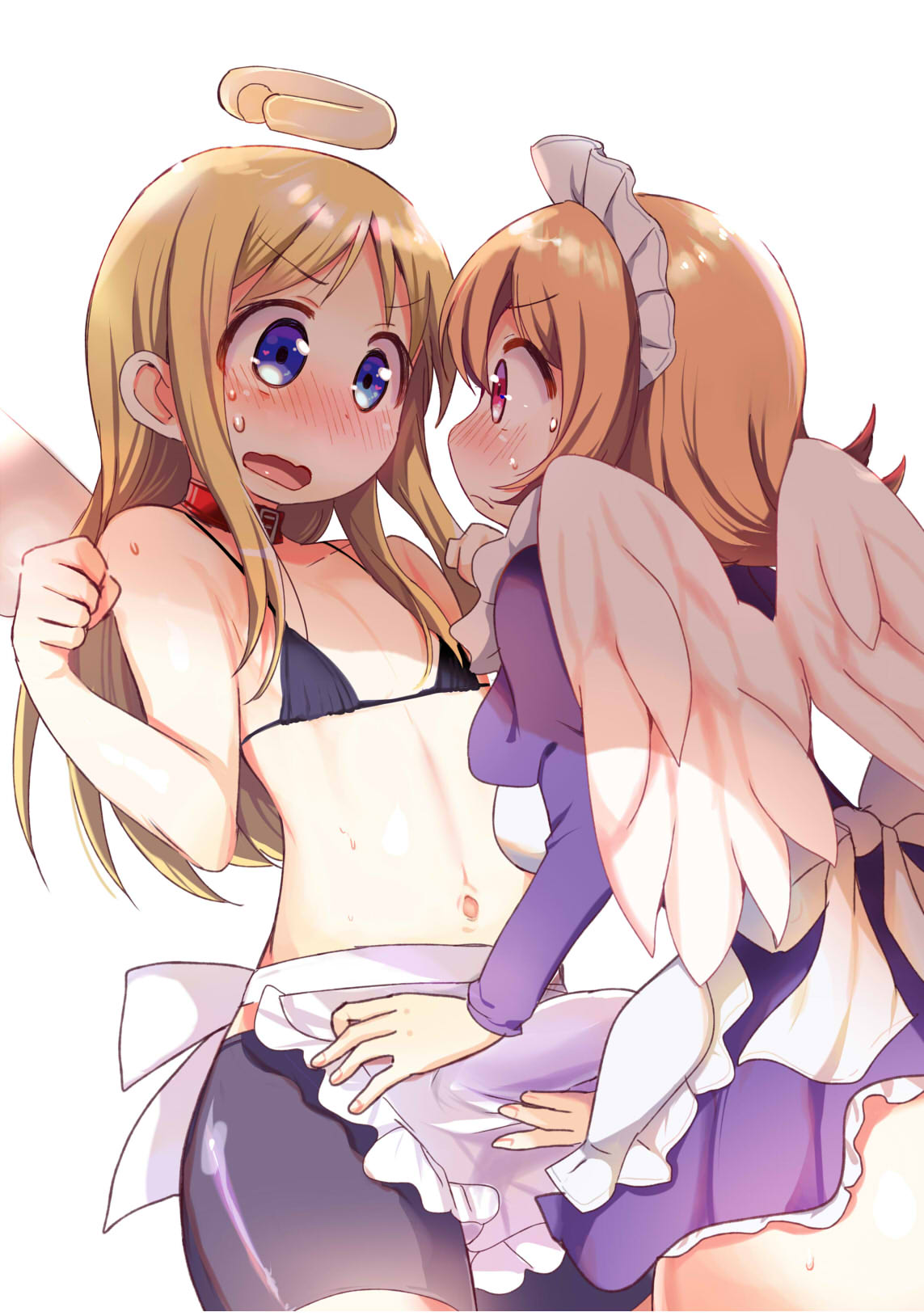 1boy 1girls 2020 5_fingers anagurautubo angel angel_boy angel_wings apron blond_hair blond_hair_male blond_male blonde_hair_male blonde_male blue_eyes blue_eyes_male blush bodily_fluids breasts clothed clothing collar crimvael crossdressing cute cute_male duo erection erection_under_clothing eye_contact eyebrow_through_hair eyebrows feathered_wings feathers female femboy femboy_with_female fingernails fingers fit fit_male flat_chest frilly frilly_apron frilly_clothing girly hair halo hi_res humanoid humanoid_on_humanoid ishuzoku_reviewers light-skinned_male light_skin long_hair looking_at_another male meidri monster_boy nails navel red_eyes shirtless shirtless_male simple_background sissy straight sweat topless topless_male translucent translucent_hair trap white-skinned_male white_background white_clothing white_skin winged_humanoid wings