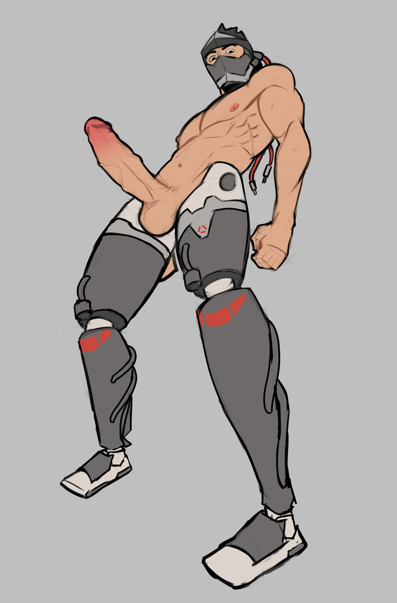 1boy, armor, artist request, big penis, black eyes, black hair, blackwatch genji, cyborg, erection, genji, grey background, large penis, looking at viewer, male, male only, mask, naked, ninja, nipples, overwatch, overwatch 2, overwatch archives, penis, solo, solo focus, solo male, zhadoiz