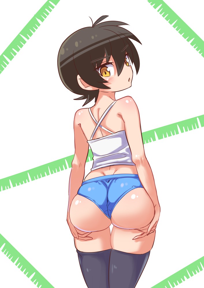 ass brown_hair cougar1404 dat_ass female from_behind huge_ass leotard looking_back nari_(cougar_1404) original original_character short_hair shorts tomboy top very_short_hair yellow_eyes