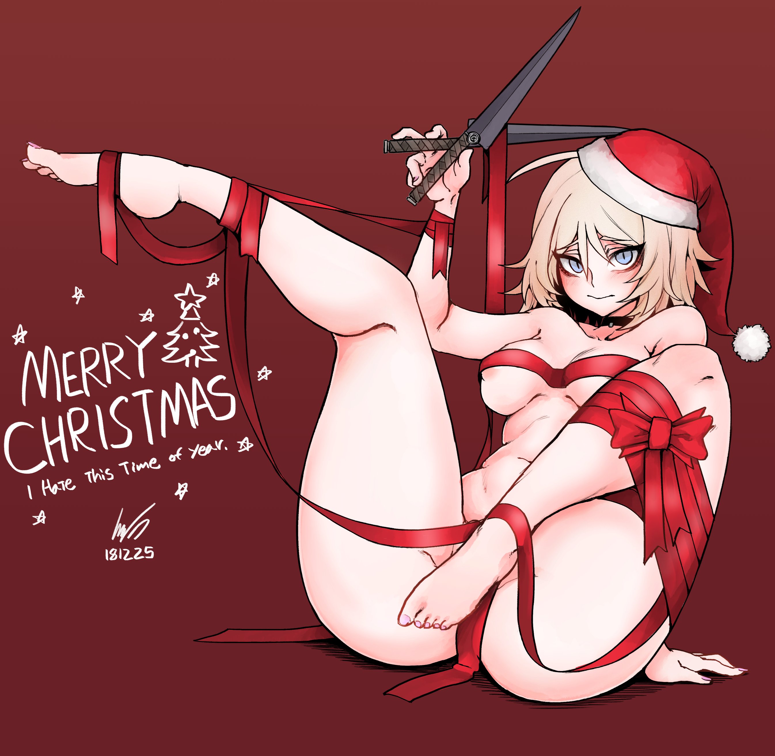 1girls, babo, big thighs, blonde hair, chris (babo), feet, female, female only, gift wrapped, looking at viewer, santa hat, scissors, text, wrapped