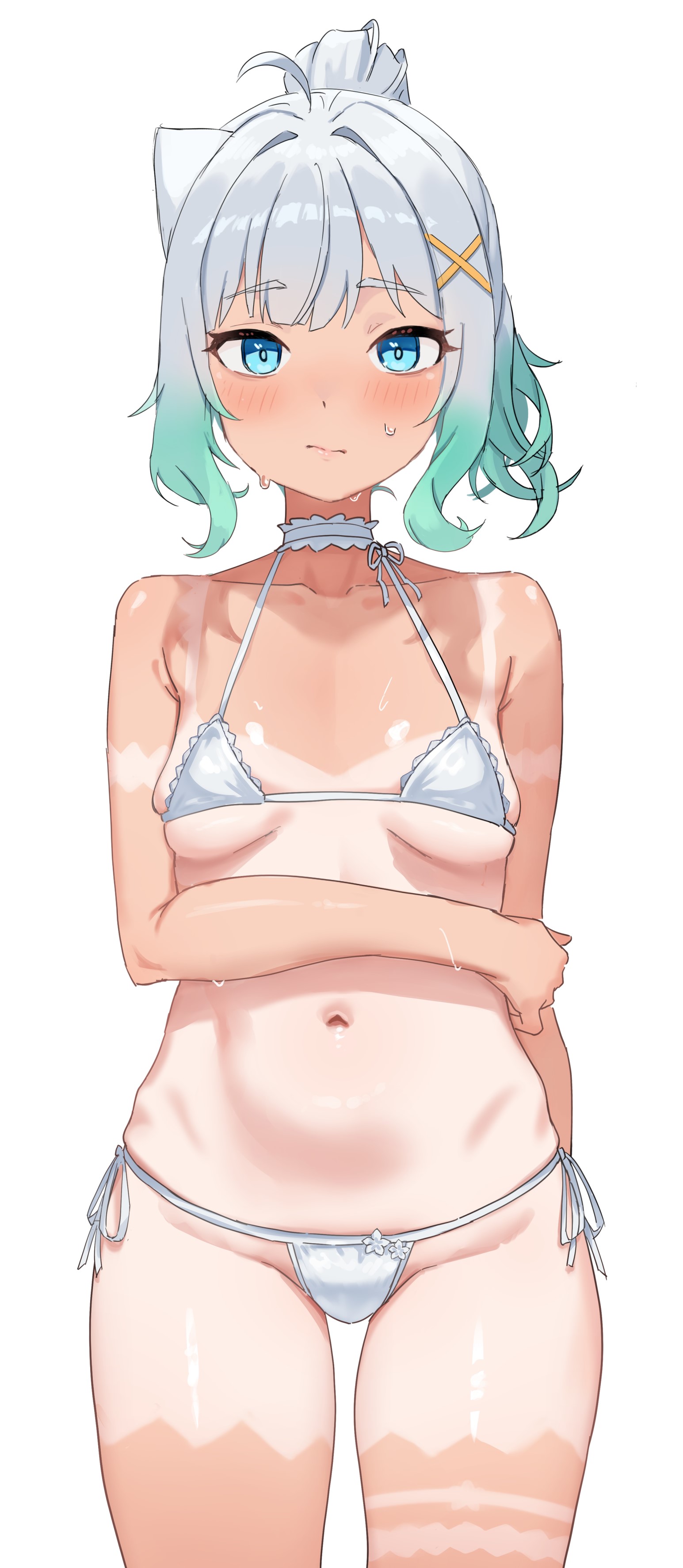 1girl, 1girls, absurdres, armpit crease, bikini, blue eyes, blush, breasts, choker, cleavage, cowboy shot, densetsu.exe, facing viewer, female, green hair, groin, highres, long hair, looking at viewer, lunarisbloom, micro bikini, mint fantome, multicolored hair, navel, one-piece tan, side-tie bikini bottom, simple background, small breasts, solo, standing, swimsuit, tanline, two-tone hair, virtual youtuber, wet, white background, white bikini, white hair