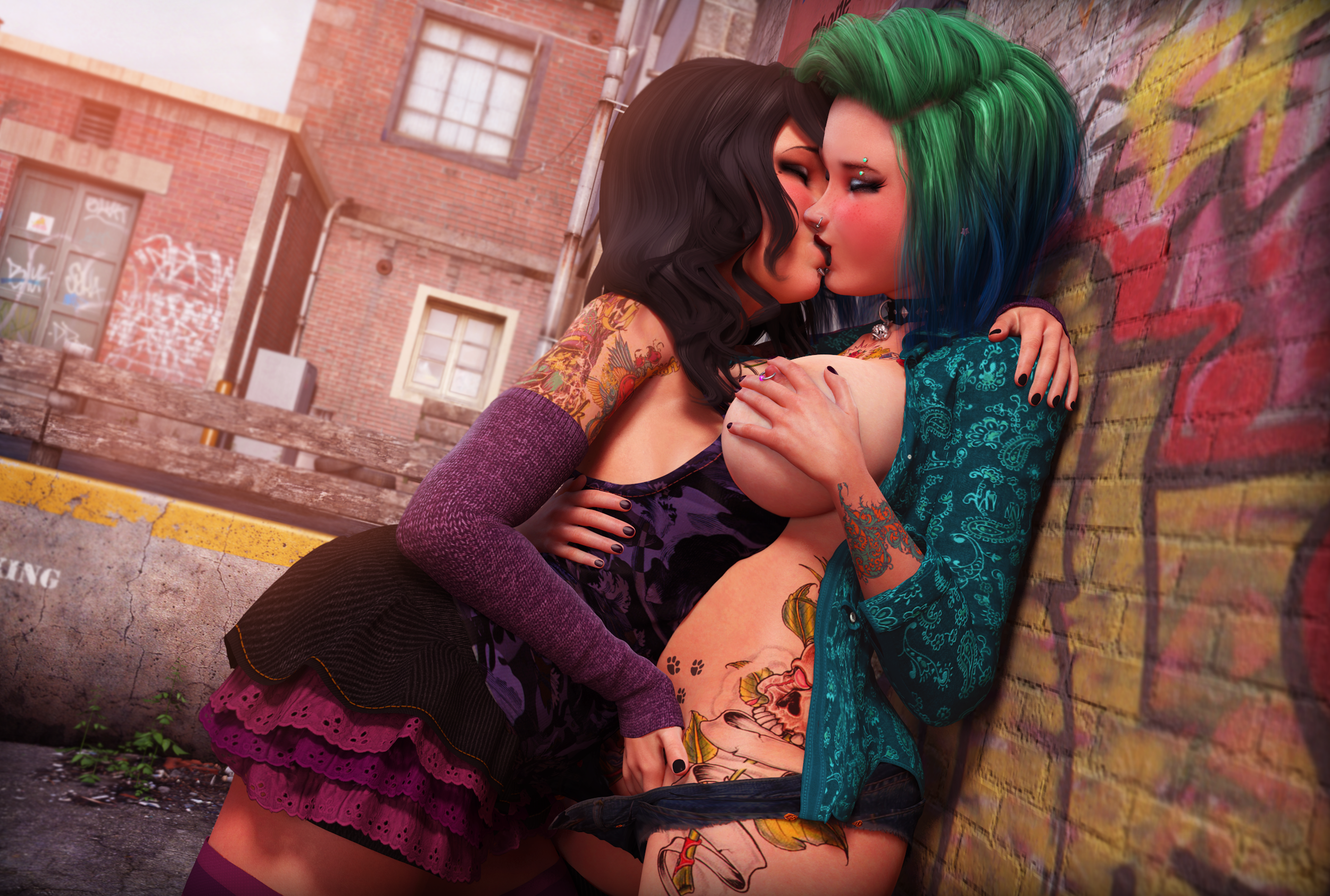 2girls, 3d, black hair, blue hair, blush, breast grab, breasts, collar, dyed hair, emily truise, emo, female, female only, freckles, goth, green hair, heather truise, incest, kissing, lesbian, lesbian kiss, multicolored hair, nail polish, original, original character, pierced nipples, piercing, rasmus-the-owl, siblings, sisters, tattoo