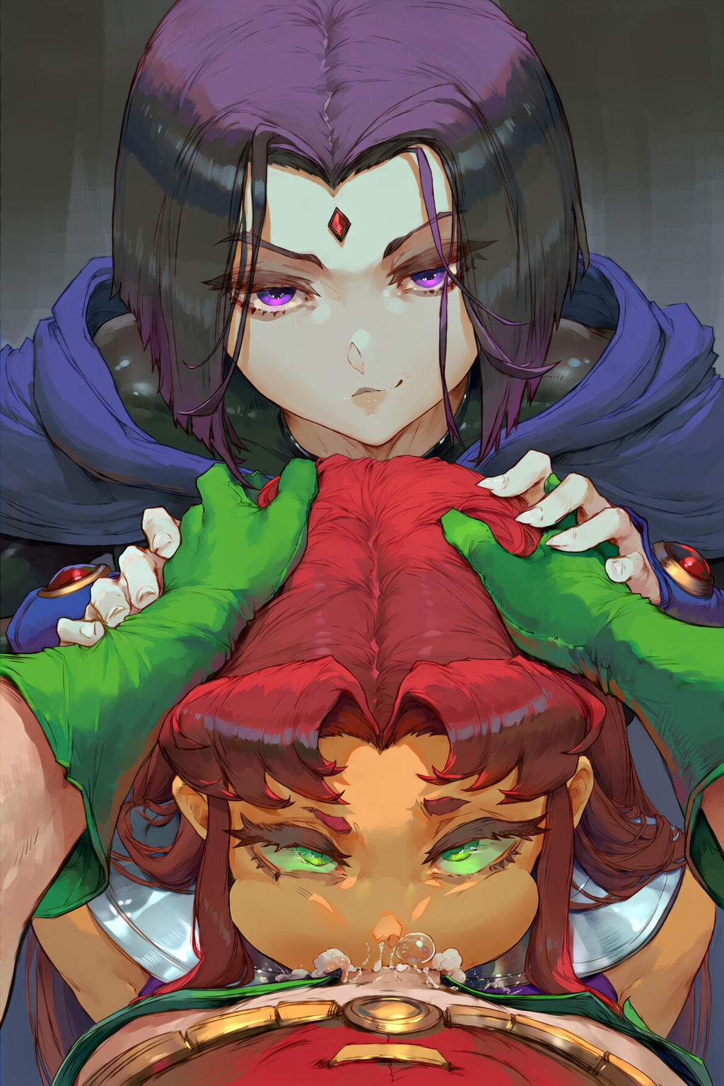 1boy, 2girls, ai generated, assisted fellatio, blowjob, cum, cum bubble, cum in pussy, cum inside, dc, dc comics, deepthroat, eyes rolling back, fellatio, female, gem on forehead, genitals, goth, goth girl, grabbing head, looking at viewer, lucakp, male, orange body, pants down, patreon, patreon link, patreon reward, penis, purple hair, raven (dc), red hair, robin (dc), simple background, smirk, smirking, starfire, tagme, teen titans