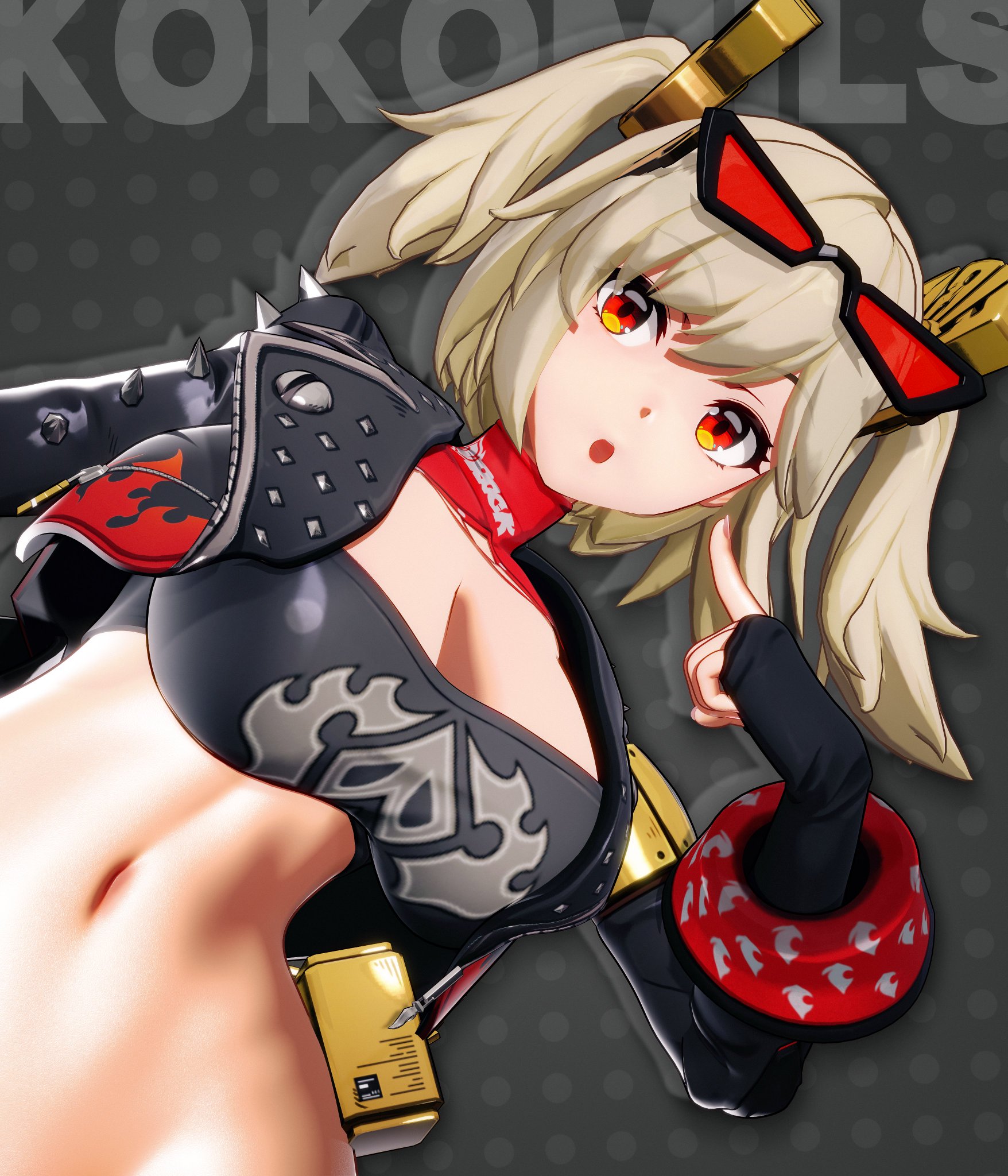 1girls, 3d, 3d model, big breasts, breasts, burnice white, cleavage, female, female only, hair ornament, kokomils, large breasts, leather jacket, long nails, midriff, navel, pale skin, pale-skinned female, pigtails, platinum blonde hair, red eyes, sunglasses, sunglasses on head, zenless zone zero