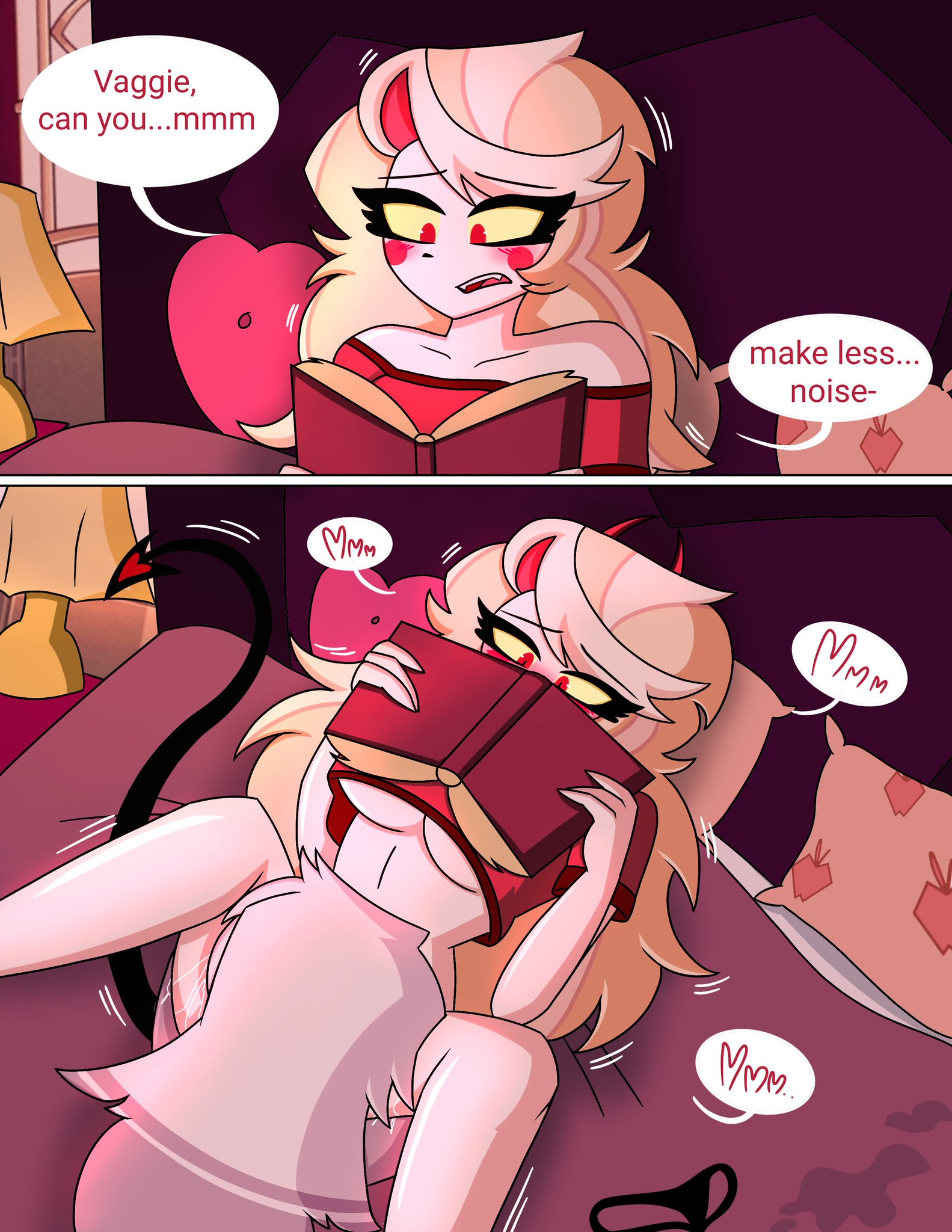 2026, 2girls, angel, black panties, boobs, book, breasts, charlie morningstar (hazbin hotel), comic, cunnilingus, demon, demon girl, demon horns, demon tail, eating pussy, english text, hazbin hotel, hellaverse, horns, legs spread, legs up, lesbian, long hair, panties, pussy juice, pussy licking, reading, red clothing, red eyes, tagme, tail, the titan draw, tits, underboob, vaggi (hazbin hotel), vaggie (hazbin hotel), very long hair, white body, white hair, yuri