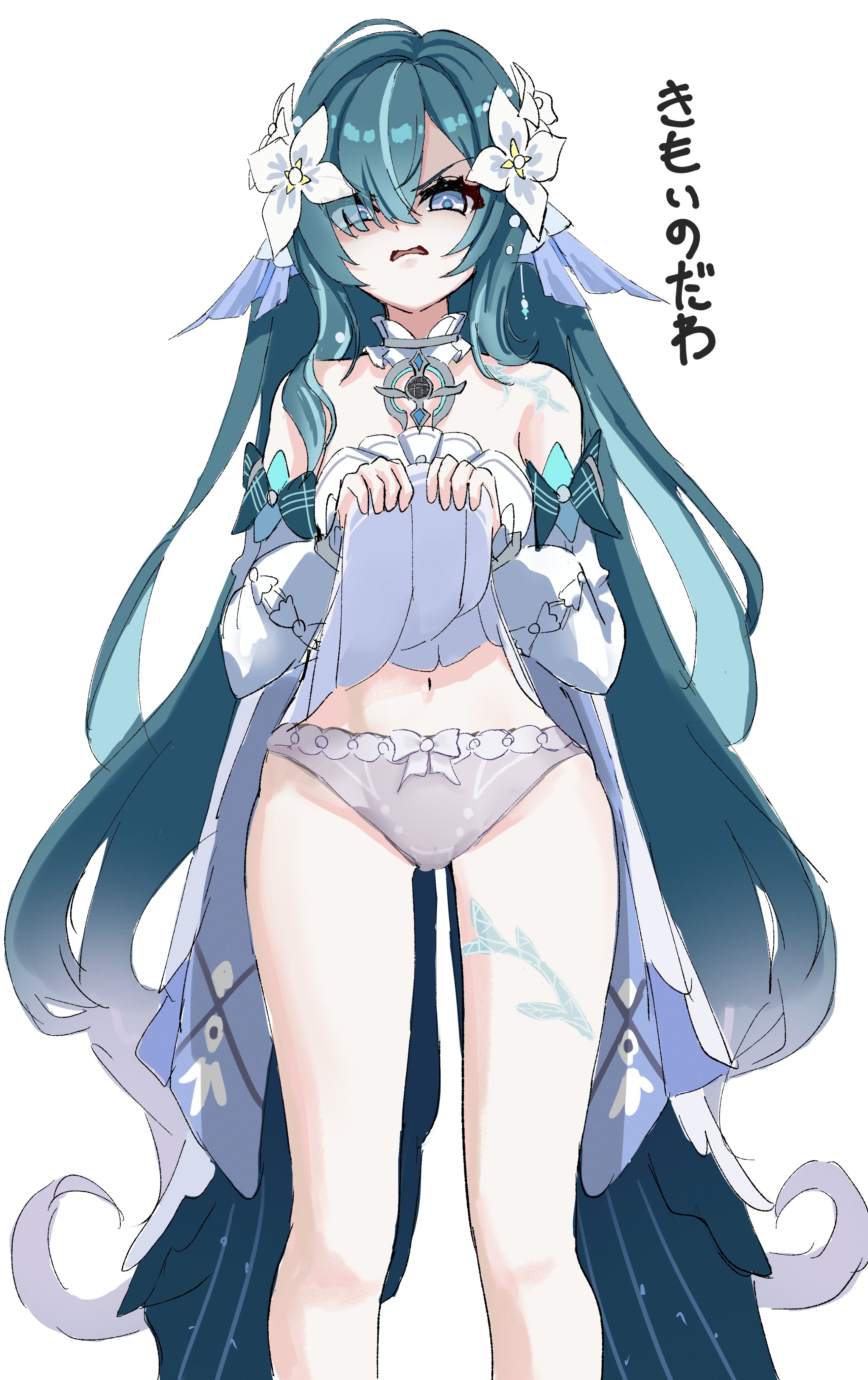 1girl, angry, annoyed, bare shoulders, blue eyes, blue hair, bow, bow panties, breasts, clothes lift, clothing, collar, detached collar, detached sleeves, disgust, dress, dress lift, female, fins, flower, frills, genshin impact, glaring, green hair, grey panties, hair flower, hair ornament, hair over one eye, head fins, leg tattoo, lifted by self, long hair, long sleeves, looking at viewer, medium breasts, multicolored hair, navel, open mouth, panties, pantsu, simple background, skirt, skirt lift, solo, takahashi hizumi, underwear, v-shaped eyebrows, very long hair, vodyanitsa (genshin impact), white background, white dress, white flower, white panties, white sleeves