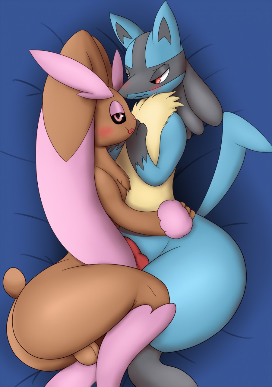 2016 2boys alternate_color animal_genitalia animal_penis anthro anthrofied ass bed big_ass black_body black_fur blue_body blue_fur blush brown_body brown_fur canine_penis cuddling duo fur furniture furry gay girly hi_res knot looking_at_another looking_at_viewer lopunny lucario lying_on_bed male male_lopunny male_lucario multicolored_body multicolored_fur nintendo nude on_bed open_mouth original_character pandashorts penis pink_body pink_eyes pink_fur pokemon pokemon_(species) pokemon_dppt red_eyes shiny_pokémon shiny_pokemon testicles thick_thighs video_games yaoi