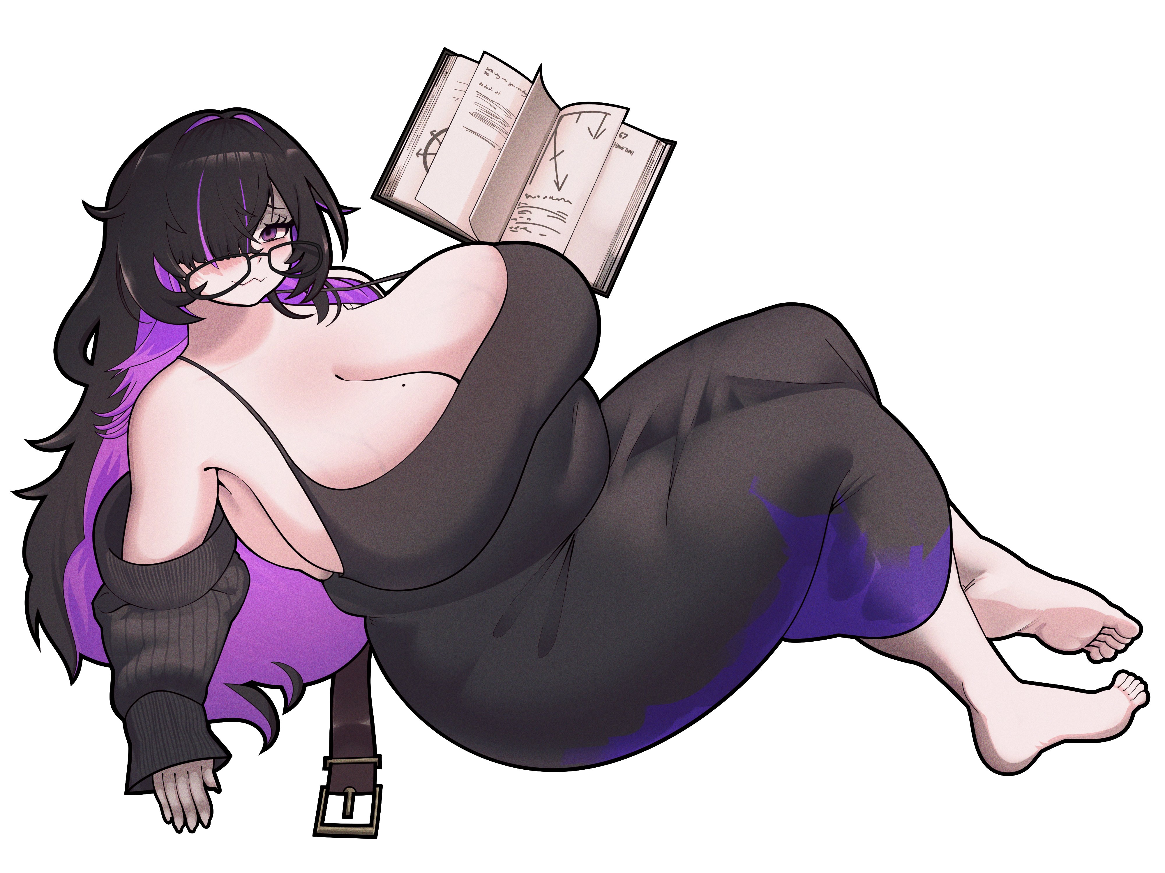 1girl, belly, black dress, black hair, black sleeves, black-framed eyewear, book, breasts, cleavage, colored inner hair, covered navel, detached sleeves, dress, feet, glasses, goddess of victory: nikke, hair over one eye, holding, holding book, huge breasts, label (nikke), long dress, long hair, messy hair, mole, mole on breast, multicolored hair, one eye covered, plump, purple eyes, purple hair, ribbed sleeves, shaded face, sitting, sleeveless, sleeveless dress, smile, smorepi, solo, tight clothes, tight dress, white background