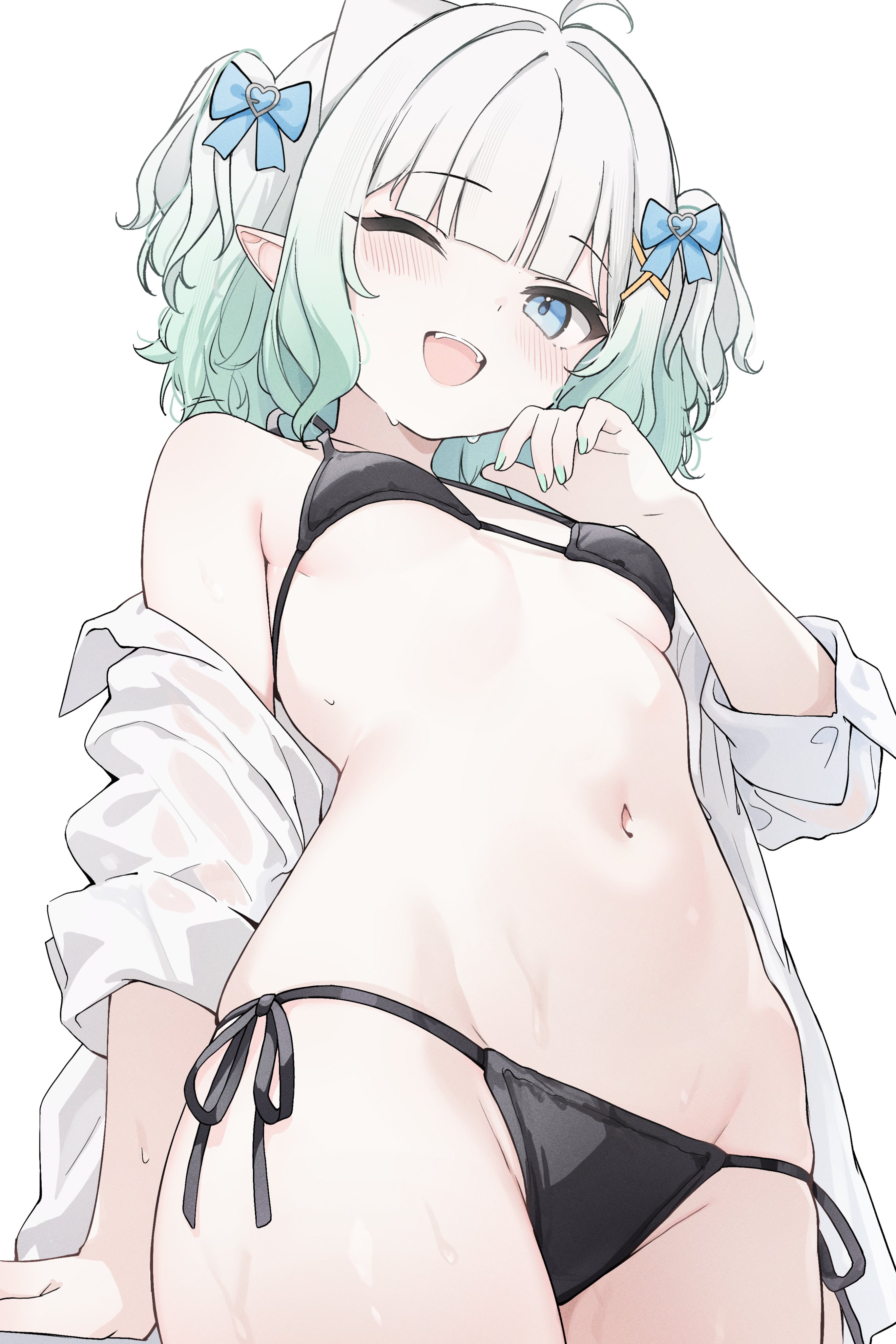 1girl, 1girls, absurdres, bikini, black bikini, blue bow, blue eyes, bow, breasts, commentary, cowboy shot, densetsu.exe, female, from below, gradient hair, green hair, hair bow, hair ornament, highres, looking at viewer, looking down, mint fantome, multicolored hair, navel, nyashira, one eye closed, open clothes, open mouth, open shirt, pointy ears, shirt, shirt partially removed, short hair, side-tie bikini bottom, sleeves rolled up, small breasts, smile, stomach, swimsuit, two side up, virtual youtuber, vtuber, white hair, white shirt, x hair ornament