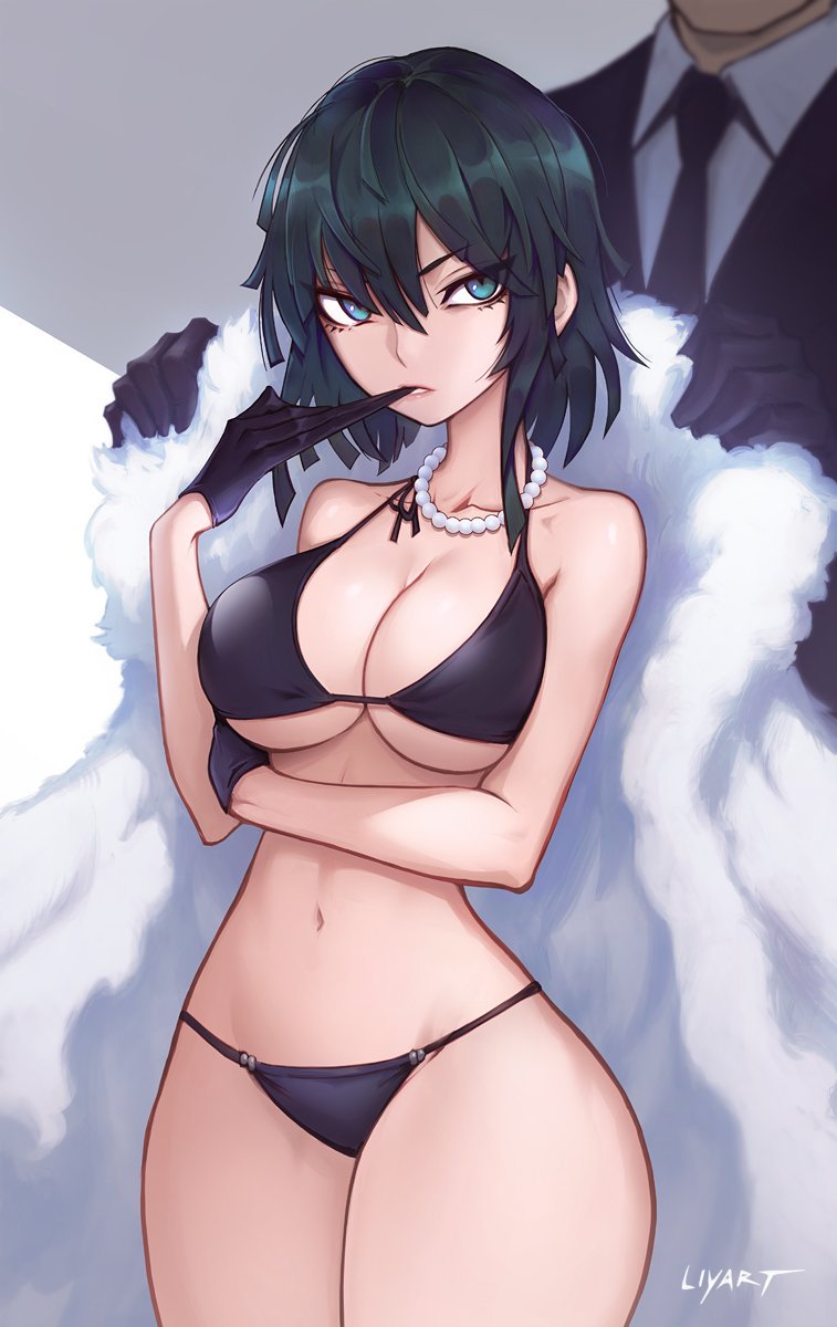 bead necklace, big breasts, black hair, breasts, female, fubuki (one-punch man), gloves, green eyes, liyart, looking at viewer, male, one-punch man, short hair, straight, thick thighs