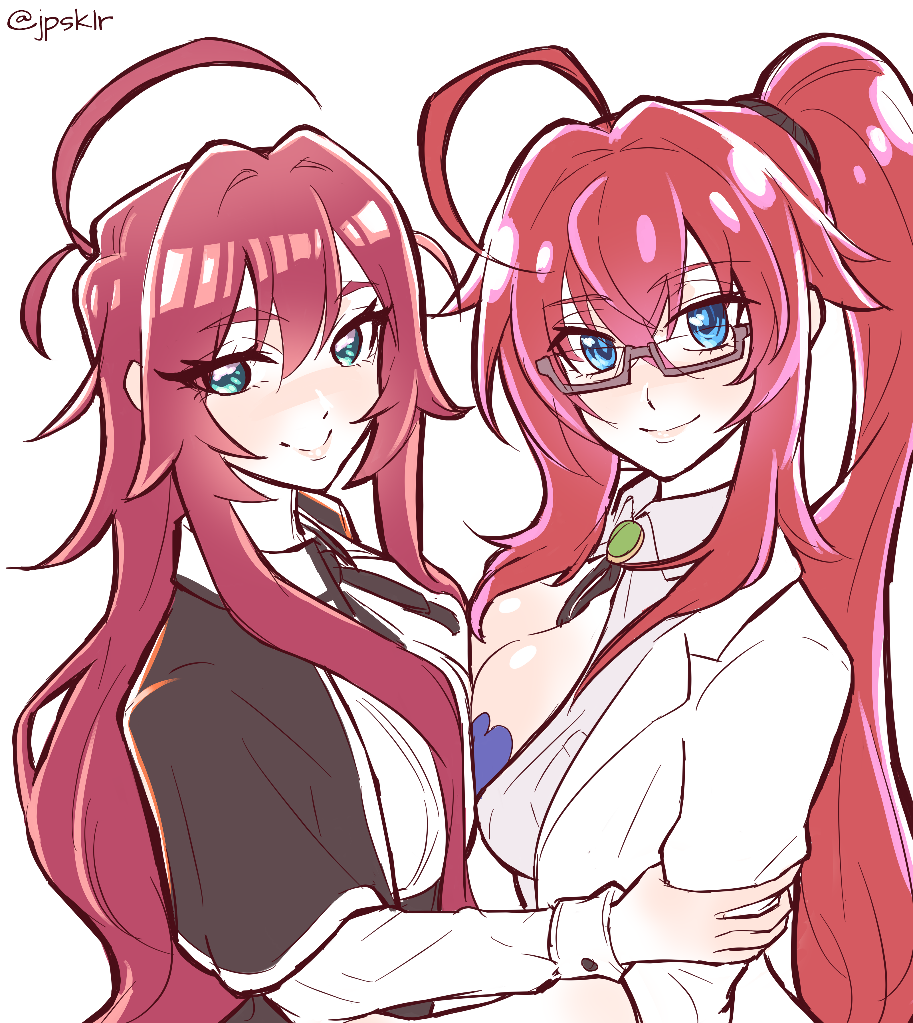 2d, 2d (artwork), 2girls, absurdres, ahoge, antenna hair, artist name, artist request, big breasts, black ribbon, blue eyes, bolo tie, breast docking, breast press, breast squish, breasts, brown-framed eyewear, cleavage, color connection, commentary, cosplay, costume switch, crossover, english commentary, female, female only, glasses, green eyes, hair between eyes, hair color connection, hand on another's arm, high school dxd, highres, kimi no koto ga dai dai dai dai daisuki na 100-nin no kanojo, kuoh academy school uniform, large breasts, light blush, long hair, long sleeves, look-alike, looking at viewer, multiple girls, neck ribbon, open clothes, open shirt, ponytail, red hair, rias gremory, rias gremory (cosplay), ribbon, semi-rimless eyewear, sfw, shirt, sidelocks, simple background, smile, symmetrical docking, teenage girl, teenager, trait connection, twitter username, under-rim eyewear, upper body, very long hair, white background, white shirt, yakuzen kusuri