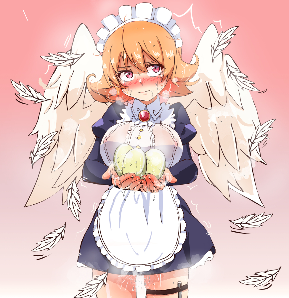 avian avian_humanoid bird_girl birdmaid blush bodily_fluids clothed clothing egg feathered_wings feathers female front_view genital_fluids hair harpy_girl holding_egg humanoid ishuzoku_reviewers meidri monster_girl portrait pussy_juice solo three-quarter_portrait void_(pixiv) white_body white_clothing white_feathers winged_humanoid wings