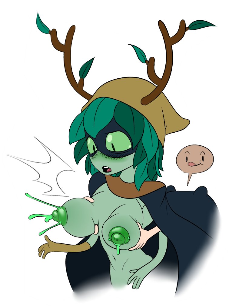 adventure_time antlers breast_grab breasts cloak finn_the_human green_eyes green_skin hood huntress_wizard lactation leaves_in_hair mask navel unusual_lactation white_background