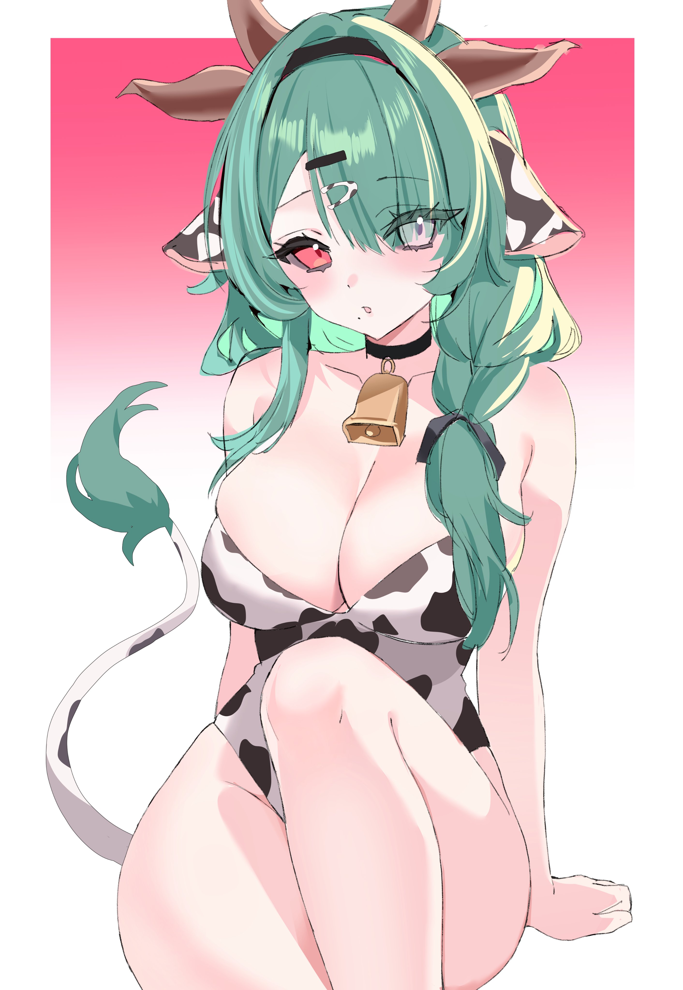 1girl, 1girls, absurdres, animal ears, animal print, bell, big breasts, breasts, choker, cleavage, colored sclera, commentary, cow ears, cow girl, cow horns, cow print, cow tail, cowbell, crelly, female, green hair, grey eyes, grey sclera, hair over one eye, hairband, heterochromia, highres, horns, indie virtual youtuber, large breasts, legs, long hair, mole, mole under mouth, one-piece swimsuit, open mouth, red eyes, side ponytail, simple background, sitting, solo, swimsuit, tail, thighs, tits, virtual youtuber, vtuber