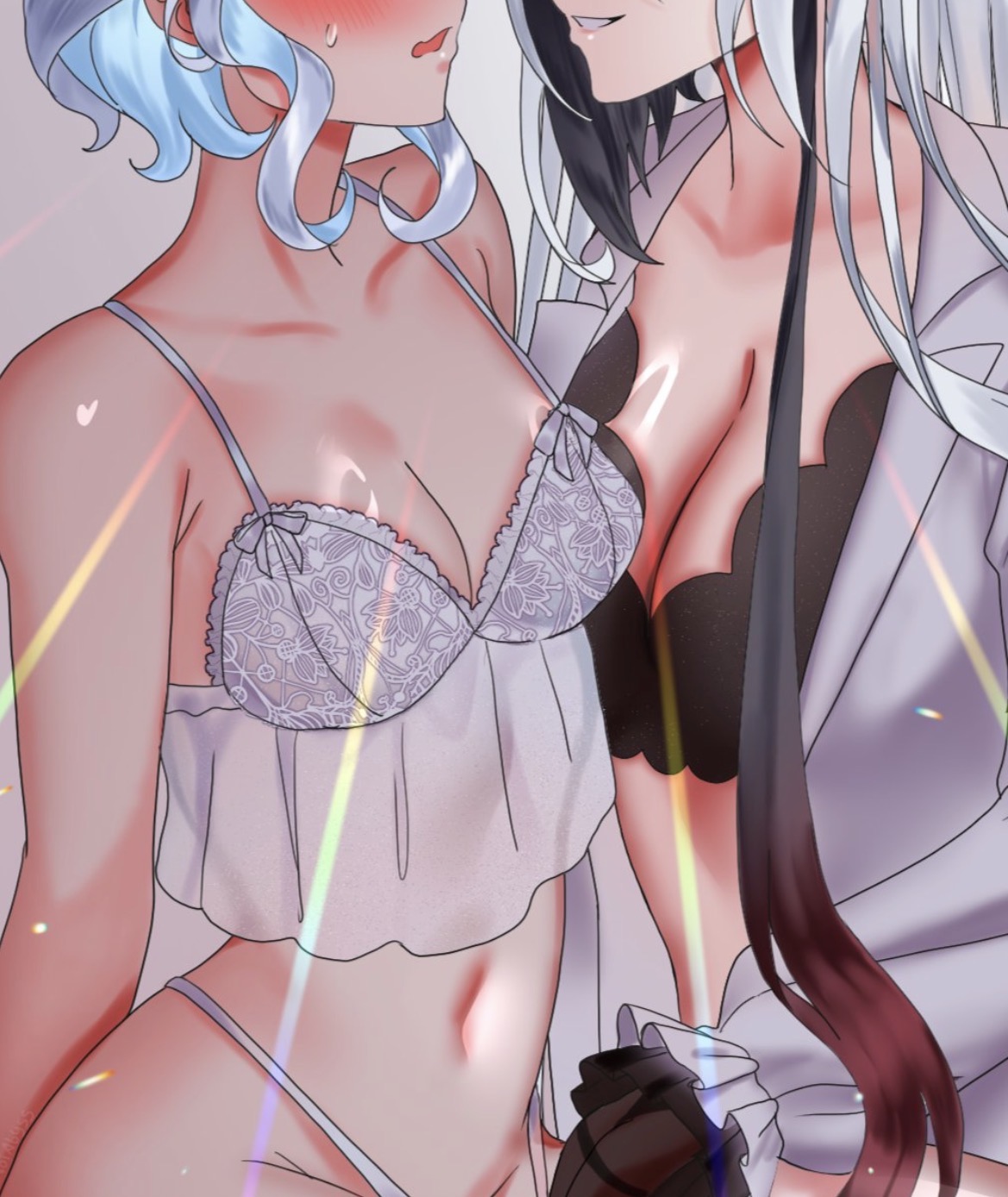 arlecchino (genshin impact), big breasts, bra, coat, furina (genshin impact), genshin impact, lesbians, lingerie, panties, small breasts, yuri