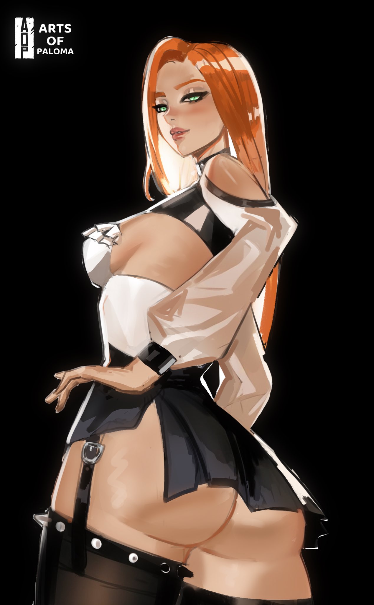 alternative fashion, arts of paloma, ass, ass focus, atom eve, back view, big ass, female, female artist, female only, ginger, ginger female, ginger hair, green eyes, invincible, invincible (tv series), looking at viewer, looking back, looking back at viewer, looking down, looking down at viewer, nice ass, plump ass, rear view, samantha eve wilkins, sideboob, solo, solo female, spikes, thighhighs, thighs