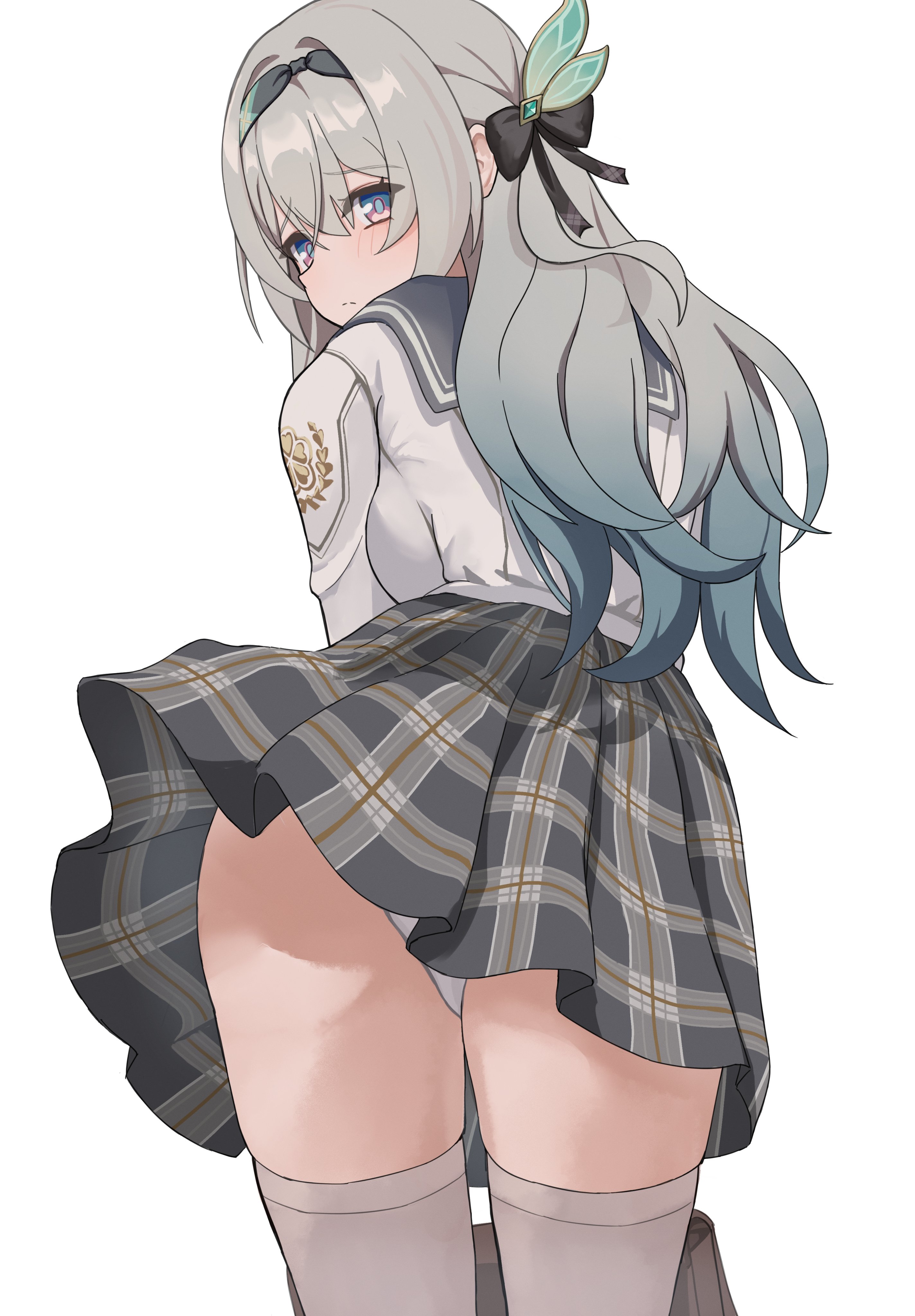1girl, alternate costume, ass, bag, black bow, black hairband, black skirt, blue eyes, blue hair, blue pupils, blush, bow, butterfly hair ornament, closed mouth, clothing, cowboy shot, female, firefly (honkai: star rail), from behind, gradient eyes, gradient hair, grey hair, grey skirt, grey thighhighs, hair between eyes, hair bow, hair intakes, hair ornament, hairband, holding, holding bag, honkai: star rail, legwear, long hair, long sleeves, looking at viewer, looking back, miniskirt, multicolored eyes, multicolored hair, panties, pantsu, pantyshot, plaid, plaid skirt, pleated skirt, purple eyes, sailor collar, school bag, school uniform, serafuku, shirt, sidelocks, simple background, skirt, solo, standing, takahashi hizumi, thighhighs, thighs, two-tone eyes, underwear, uniform, upskirt, white background, white legwear, white panties, white shirt, white thighhighs