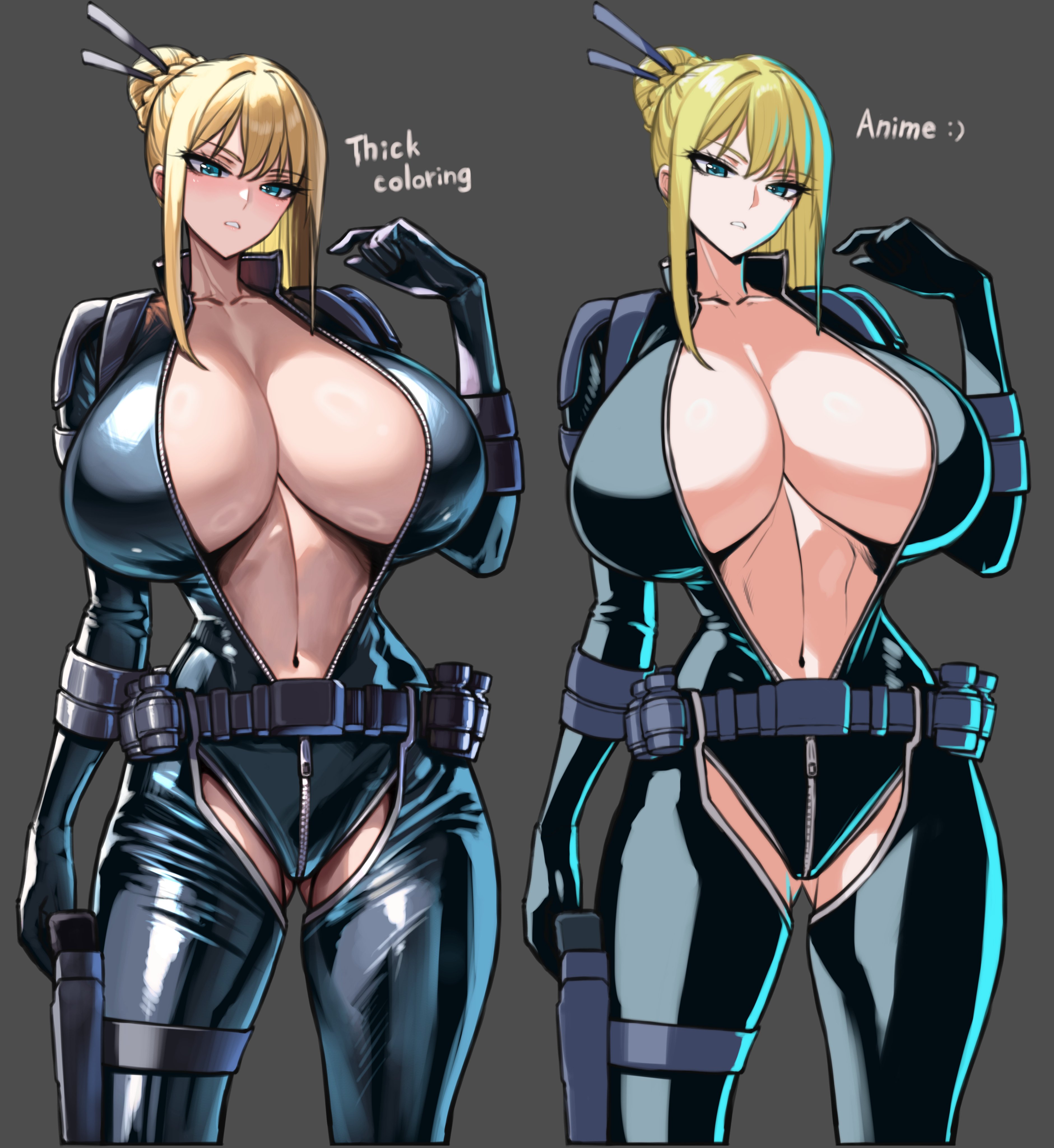 1girls, 2025, belt, big breasts, blonde, blonde female, blonde hair, blue eyes, bodysuit, breasts, bursting breasts, color, colored, curvaceous, curvaceous body, curvaceous female, curvaceous figure, curvaceous hips, curvy, curvy body, curvy female, curvy figure, curvy hips, female, high resolution, highres, hips, huge breasts, large breasts, light skin, light-skinned female, looking back, massive breasts, nancy lee, ninja slayer, open bodysuit, open clothes, pinup, ponytail, seductive, seductive look, shiny, shiny breasts, shiny clothes, shiny skin, skin tight, thick, thick breasts, thick hips, thick thighs, tight clothes, tight clothing, unzipped, unzipped bodysuit, voluptuous, voluptuous female, wide hips, wolffeld, wolffeld price, zipper, zipper down, zipper pull tab