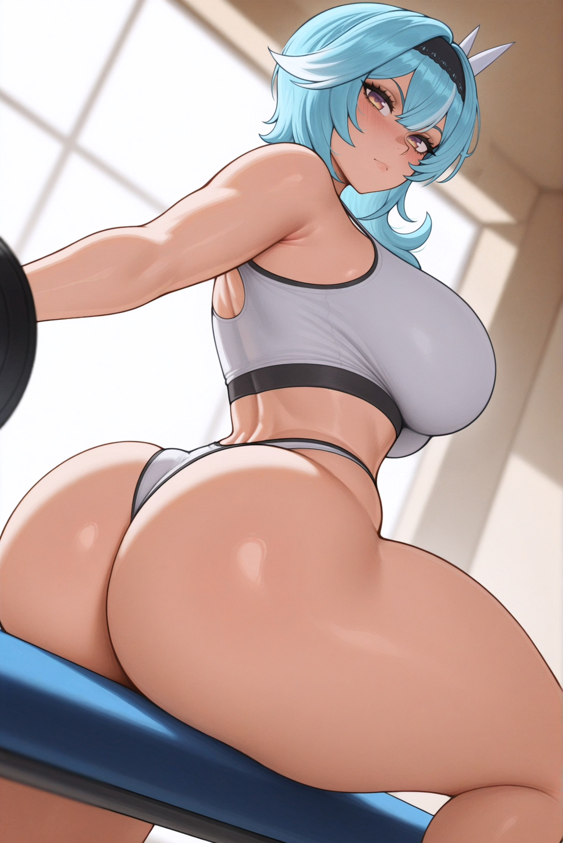 1girls, ai generated, ass, ass focus, athletic, athletic female, big ass, big breasts, blue hair, blush, booty, breasts, eula (genshin impact), fat ass, female, female only, genshin impact, gym, gym clothes, heterochromia, huge ass, huge breasts, large breasts, legs, light-skinned female, looking at viewer, looking back, shiny skin, smooth skin, solo, sports bra, sportswear, stuffyai, thick, thick legs, thick thighs, thighs, underwear