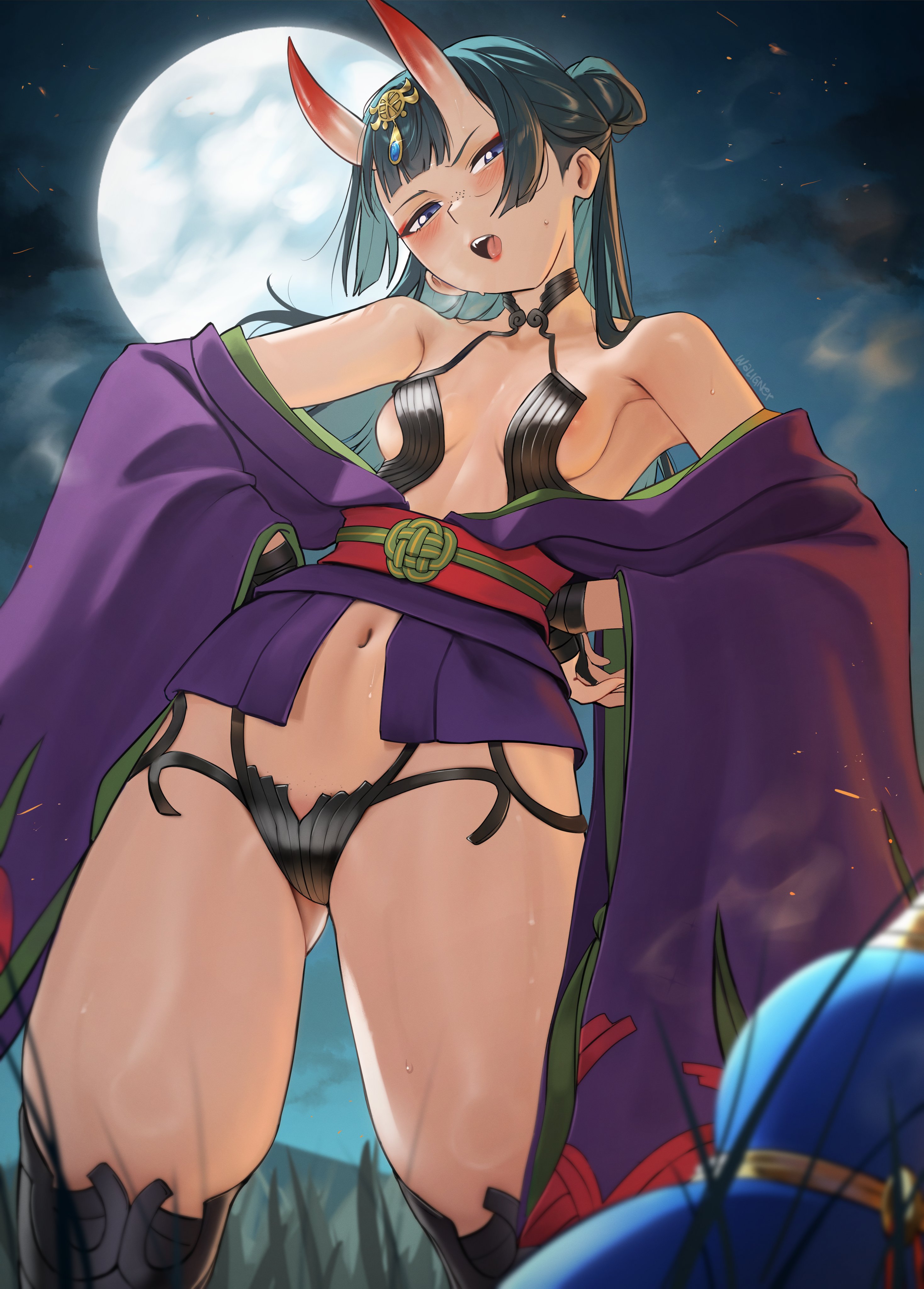 1girl, 1girls, areola, areola slip, areolae, areolae slip, ass, ass visible through thighs, bare shoulders, blue eyes, butt, cropped legs, fate (series), fate/grand order, female, female focus, female only, freckles, green hair, hair bun, hands on hips, kusuriya no hitorigoto, long hair, maomao (kusuriya no hitorigoto), navel, night, night sky, oni, oni female, oni horns, open mouth, purple kimono, purple robe, robe, shuten douji (fate) (cosplay), small breasts, solo, solo female, solo focus, sweat, sweatdrop, thick thighs, thighs, waligner