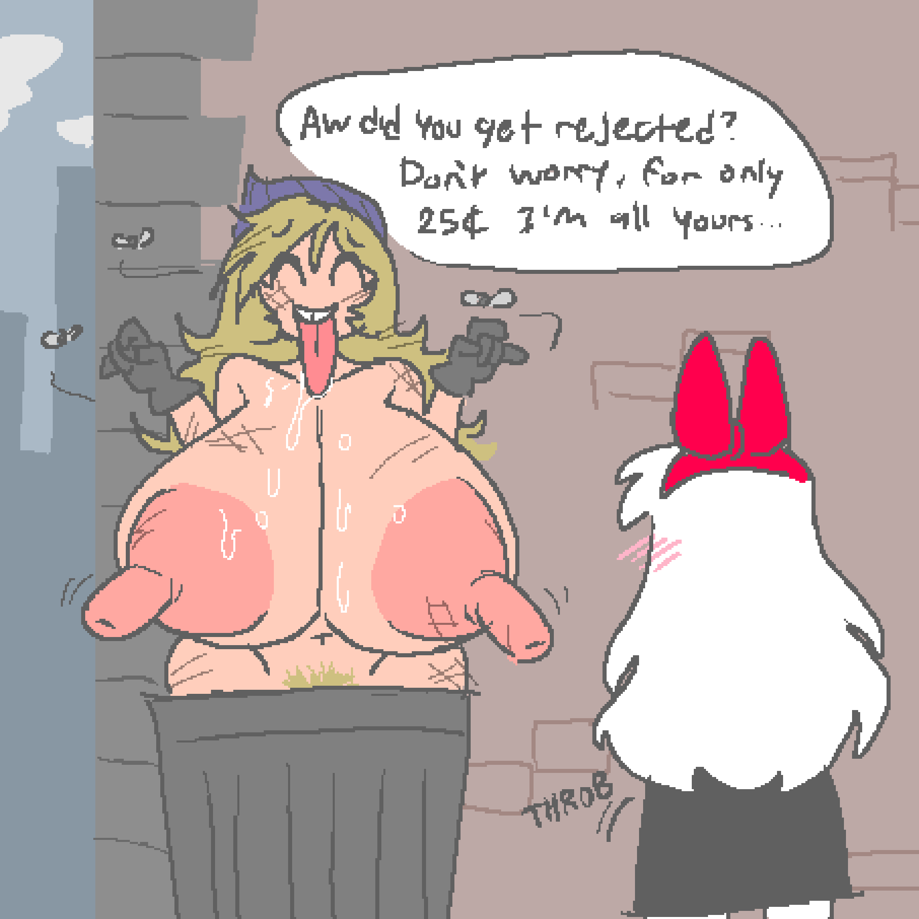 2girls, beanie, before sex, big breasts, blonde hair, blush, breasts, cheap, cheap whore, closed eyes smile, dirty, dirty blonde hair, eyes closed, flies, flies for smell, gloves, hobo women (lewdicrousart), homeless, homeless female, huge breasts, huge nipples, large areolae, lewdicrousart, long nipples, lotty (megadingus), lotty's adventure, nude, pubic hair, puffy nipples, tagme, text, tongue out, trash can