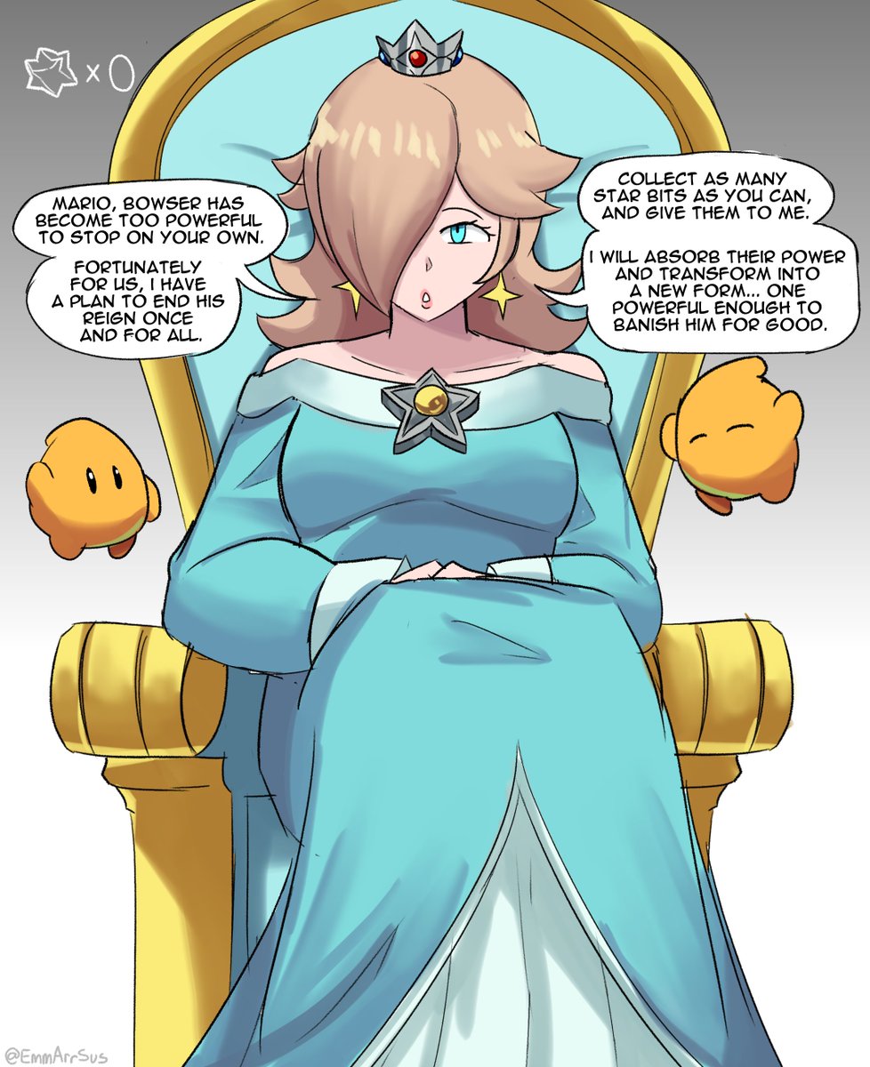 blonde hair, blue eyes, emmarrgus, hair over one eye, looking at viewer, luma, mario (series), nintendo, princess rosalina, seated, talking to viewer
