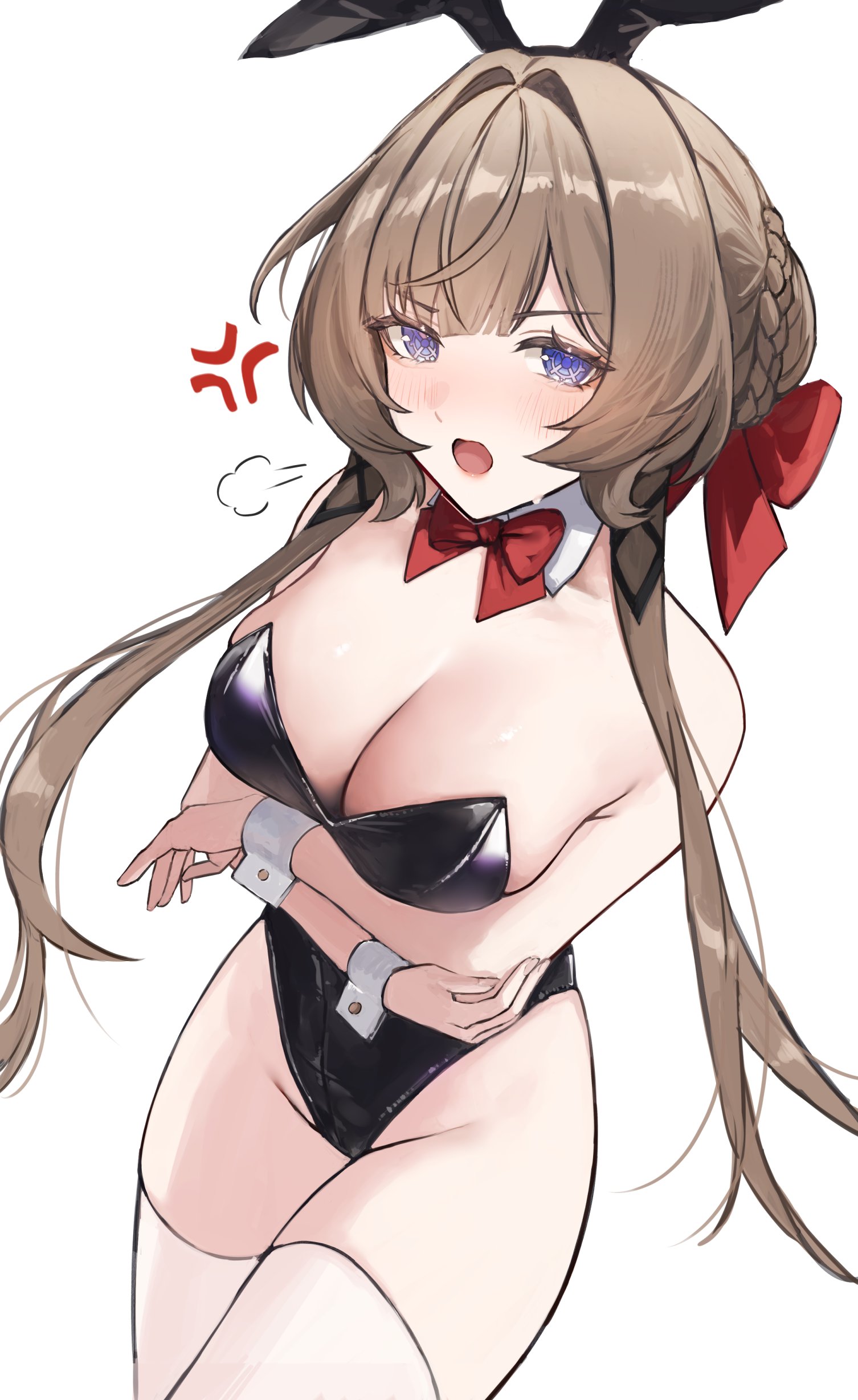 1girl, absurdres, alternate costume, animal ear hairband, animal ears, arms under breasts, black leotard, bow, bowtie, breasts, brown hair, bunny day, cleavage, commentary request, detached collar, fake animal ears, genshin impact, hairband, hal aluha, highres, large breasts, leotard, long hair, long sidelocks, looking at viewer, playboy bunny, purple eyes, rabbit ear hairband, rabbit ears, red bow, red bowtie, sandrone (genshin impact), sidelocks, simple background, solo, strapless, strapless leotard, thighhighs, white background, white thighhighs, wrist cuffs