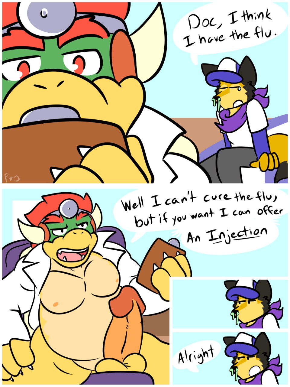 balls big_penis bowser clothing dialogue doctor dr._bowser dr._mario_(series) duo fizzyjay funny genitals hi_res koopa male male_only mario_(series) nintendo penis red_eyes scalie text video_games